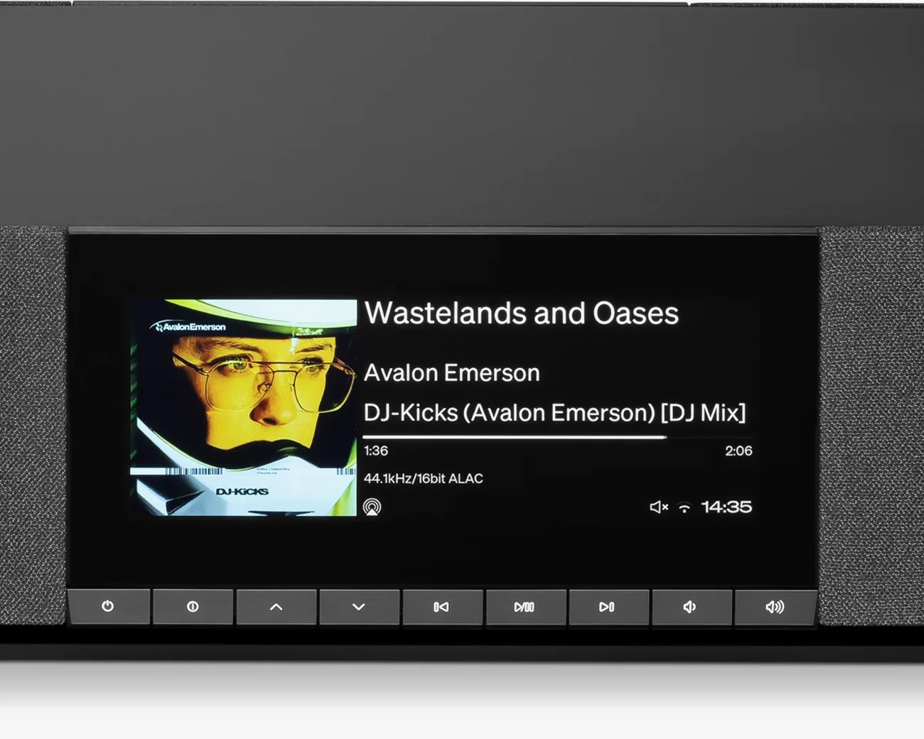 Black digital music player with screen showing "Wastelands and Oases" by Avalon Emerson and control buttons below.