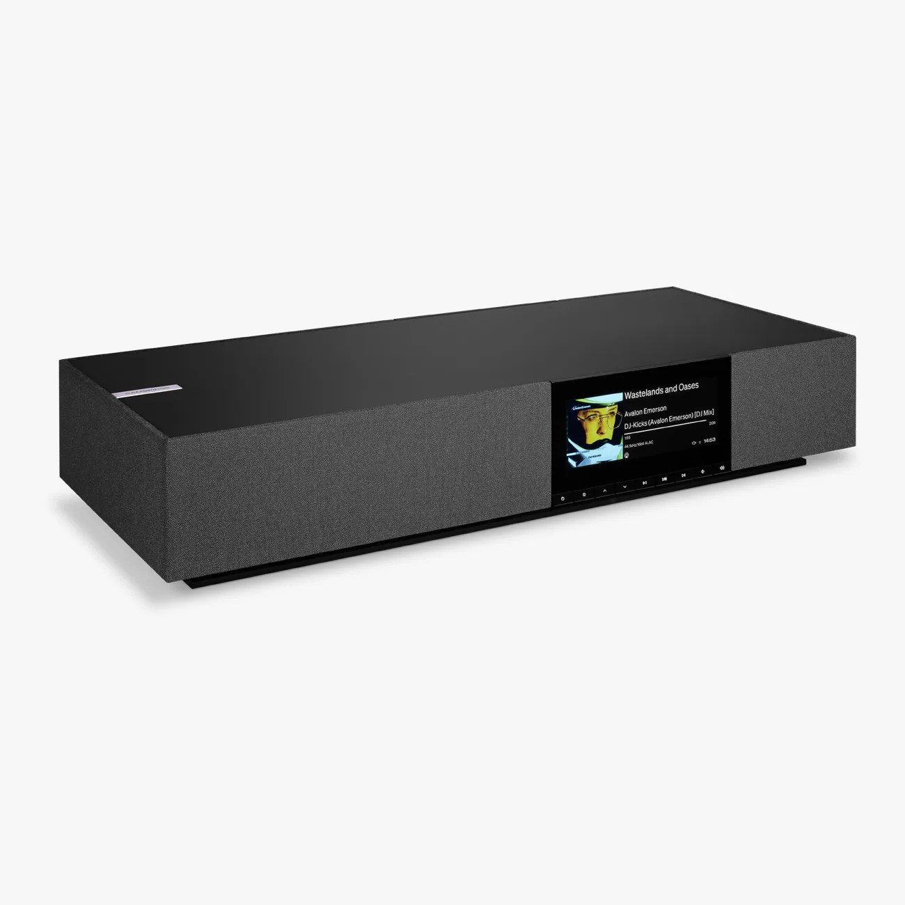 Rectangular black sound system with fabric-covered speakers and a central digital display showing music information.