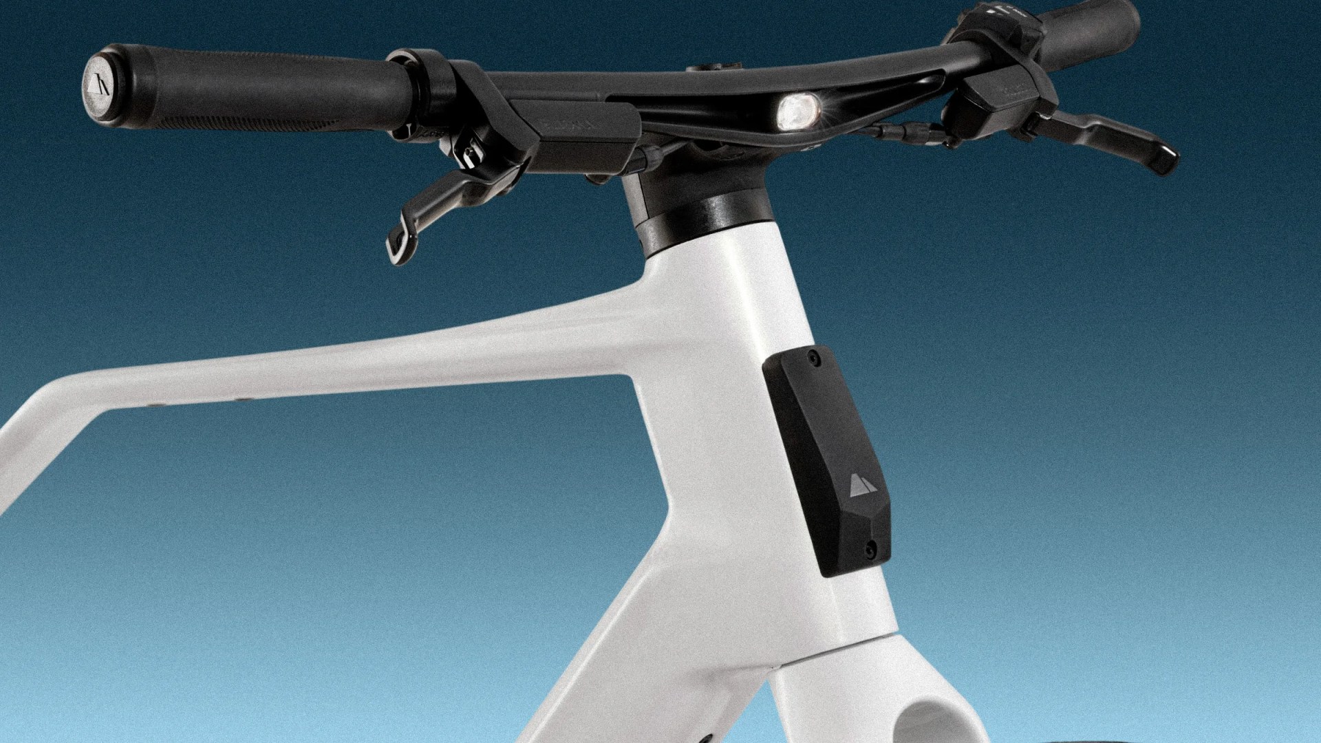 Close-up of a white bicycle frame with black handlebars, brake levers, and a small front light on a gradient blue background.