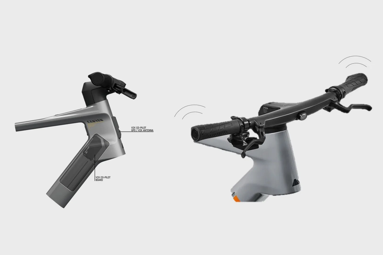 Close-up of a gray Canyon bike frame and black handlebars with V2X co-pilot GPS and antenna components labeled.