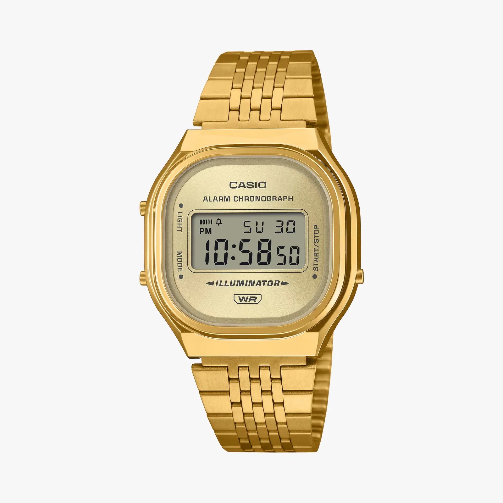 Gold Casio digital watch with metal link band and rectangular face displaying time and date.