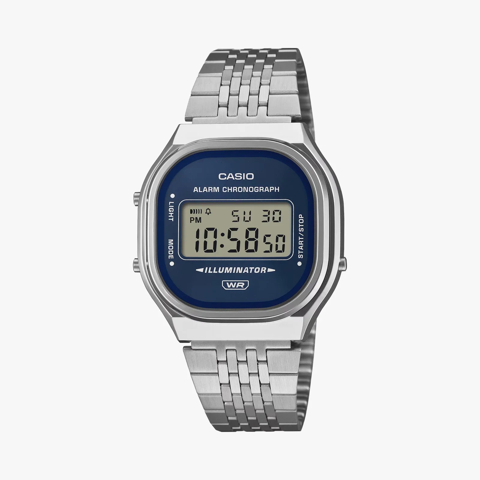 Silver Casio digital watch with blue face and metal link band showing time 10:58:50.
