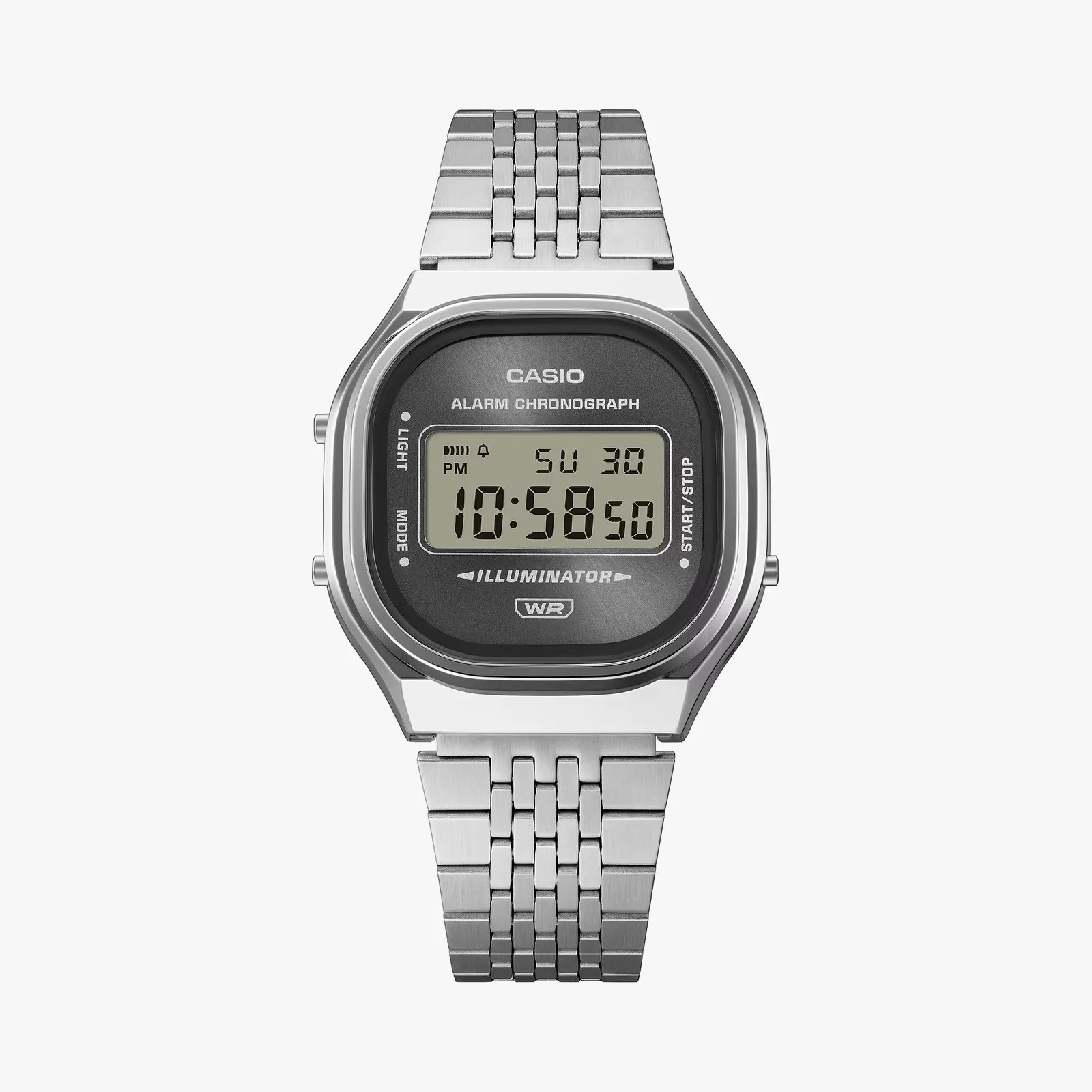Silver Casio digital watch with black face and metal link bracelet showing time 10:58:50.