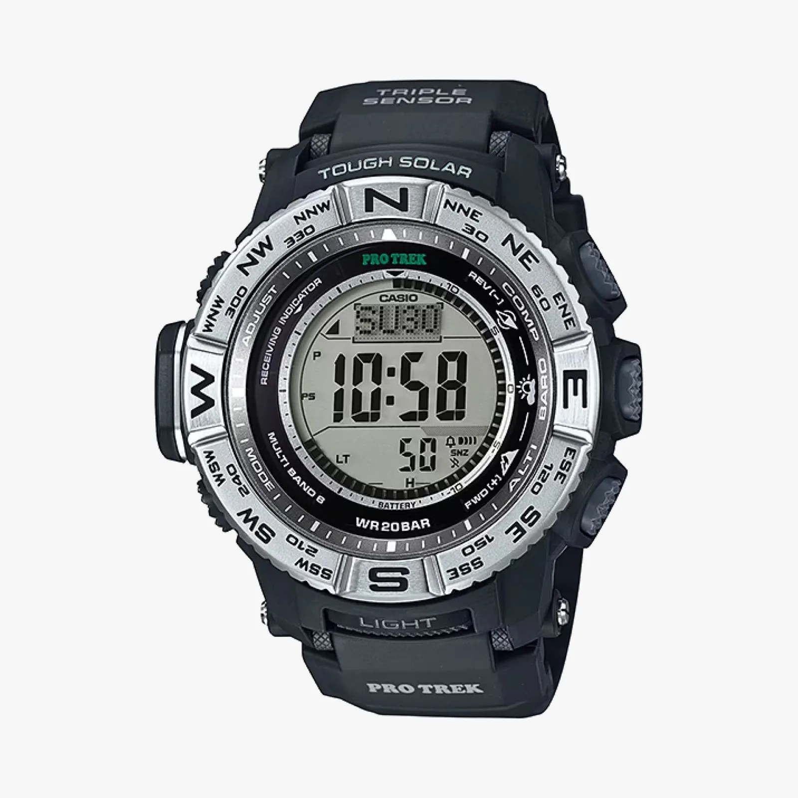 Digital Casio Pro Trek watch with black resin band, silver bezel marked with compass directions, and multiple function buttons.