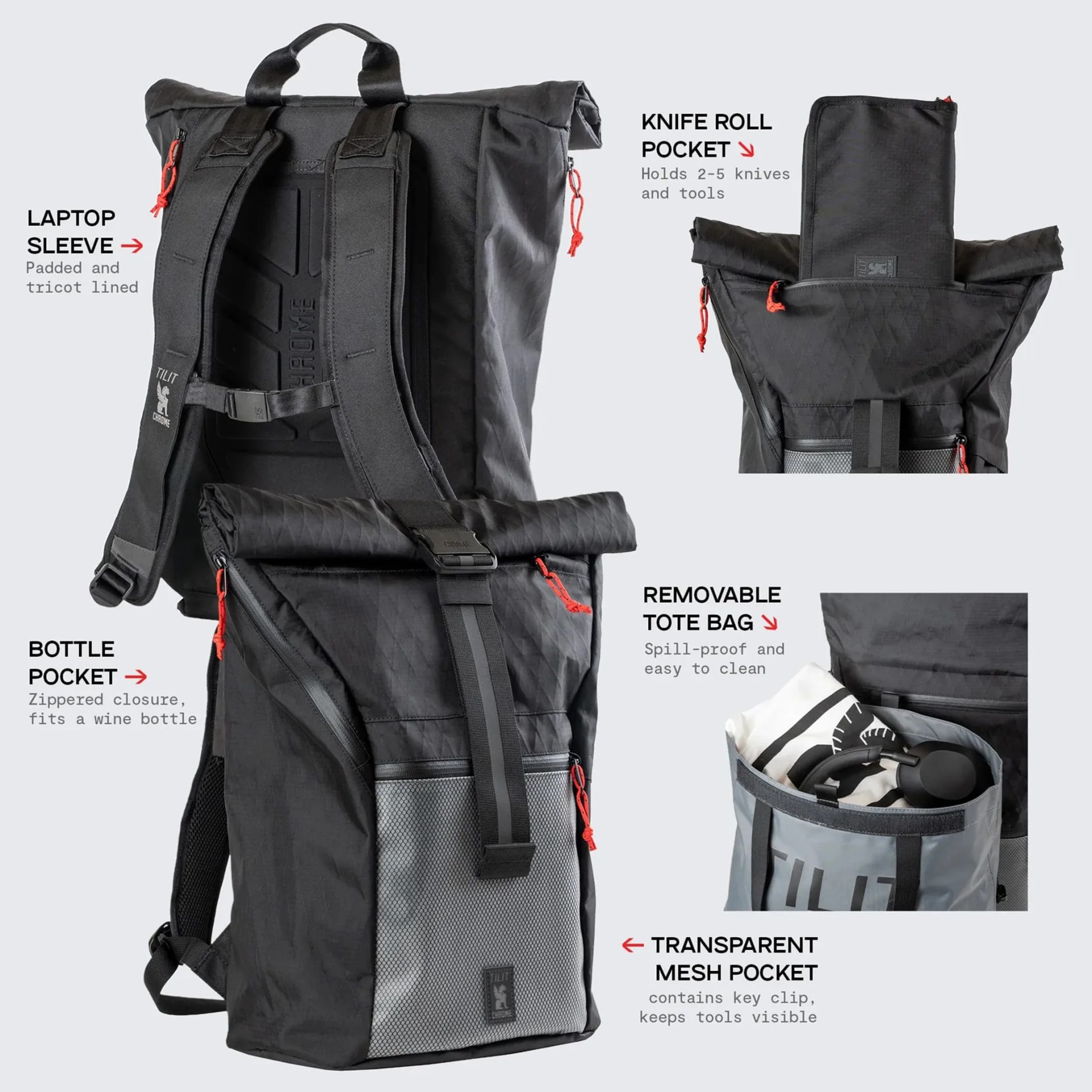 Black roll-top backpack with padded laptop sleeve, knife roll pocket, bottle pocket, removable tote bag, and transparent mesh pocket.