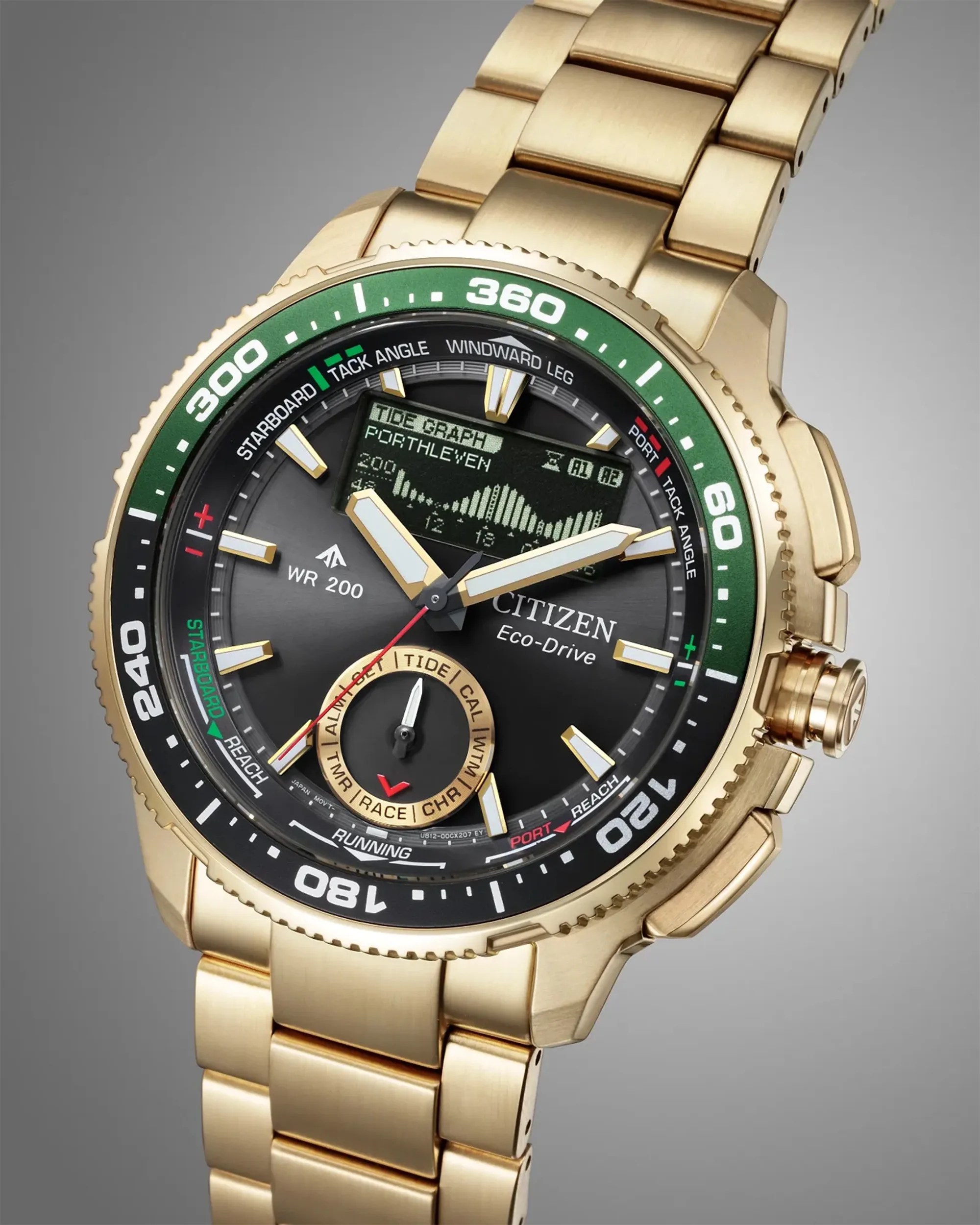 Gold-tone Citizen Eco-Drive wristwatch with black dial, green bezel, digital tide graph, and gold bracelet.