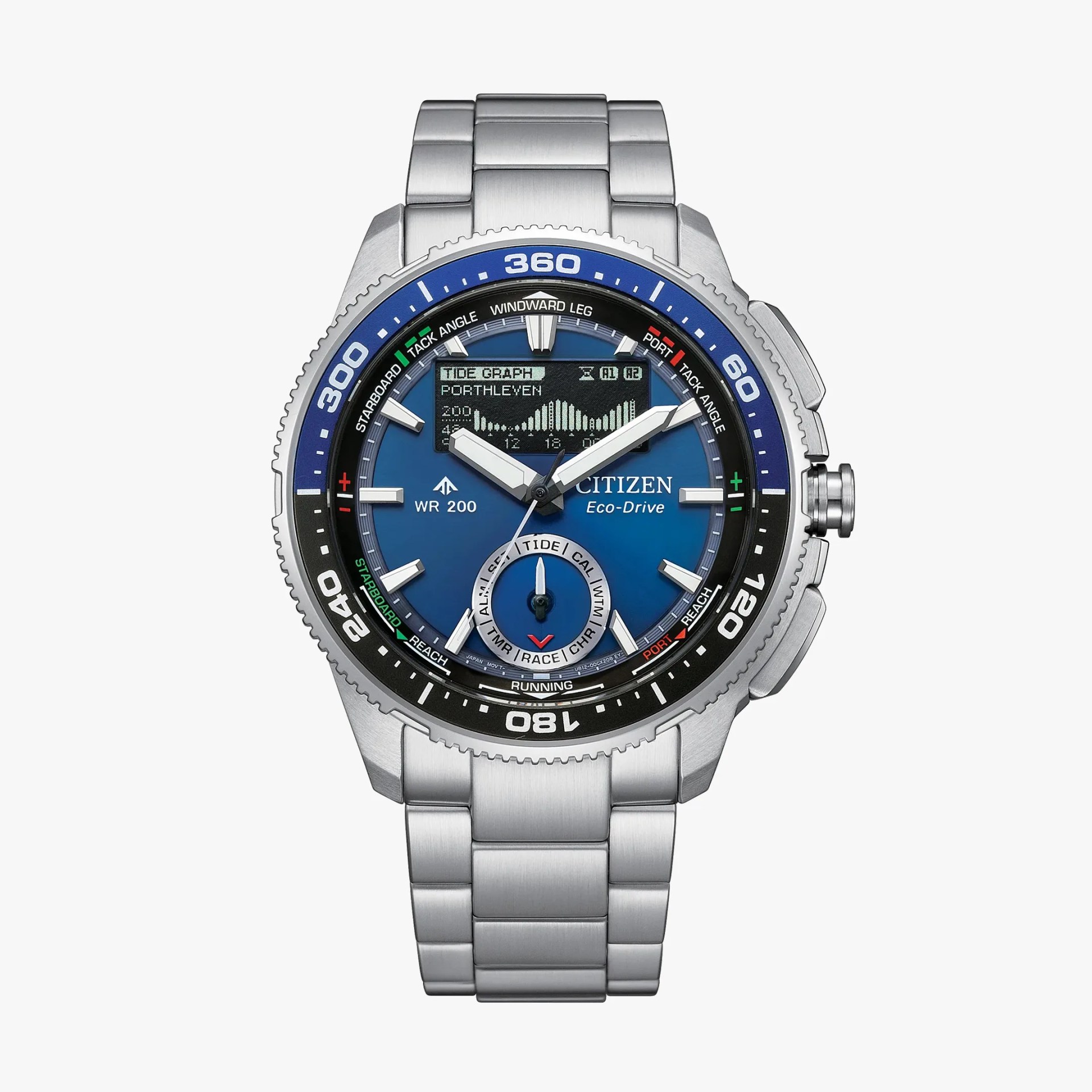 Stainless steel Citizen Eco-Drive wristwatch with blue dial, digital tide graph, and rotating bezel.
