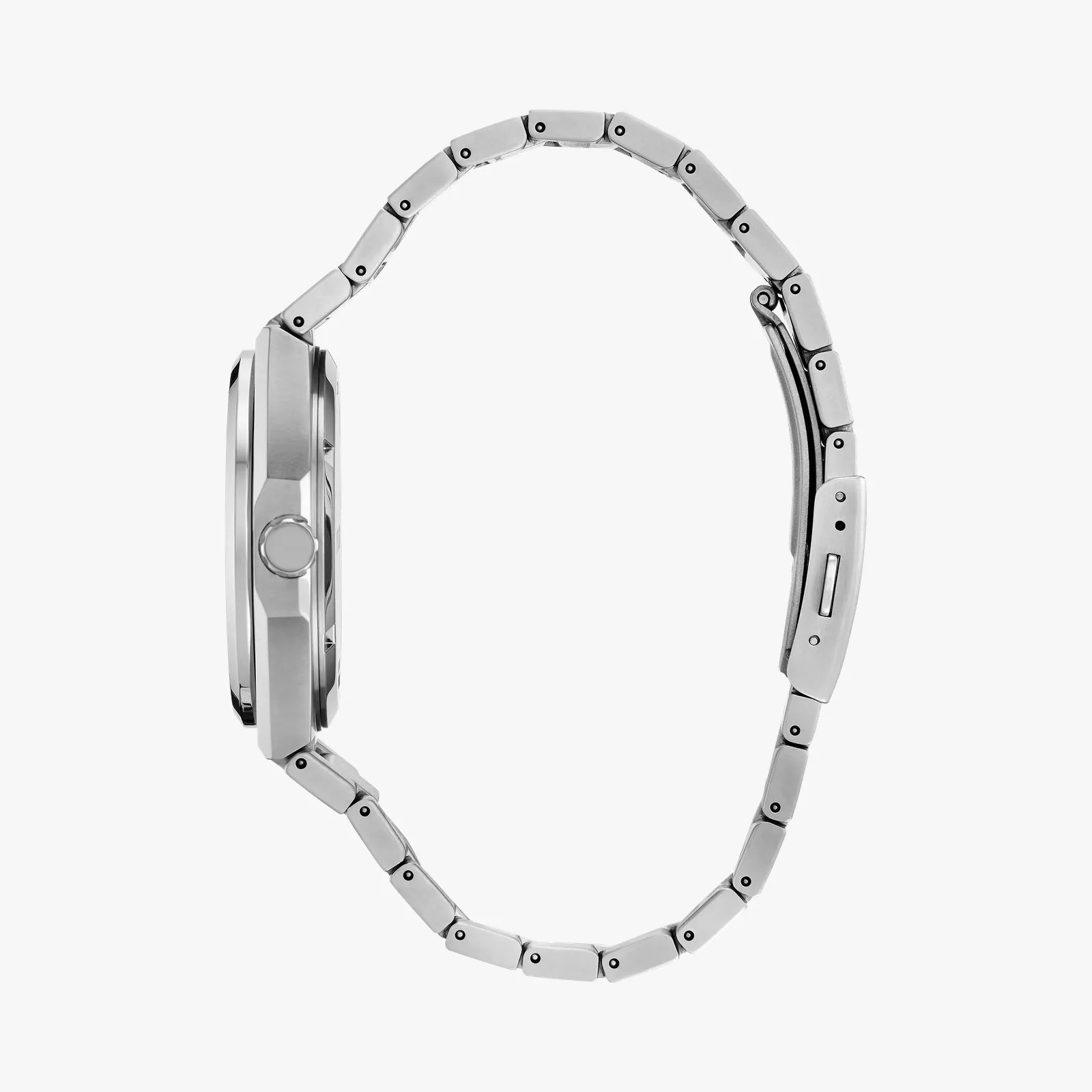 Side view of a silver metal link watch band with a clasp and a round watch case.