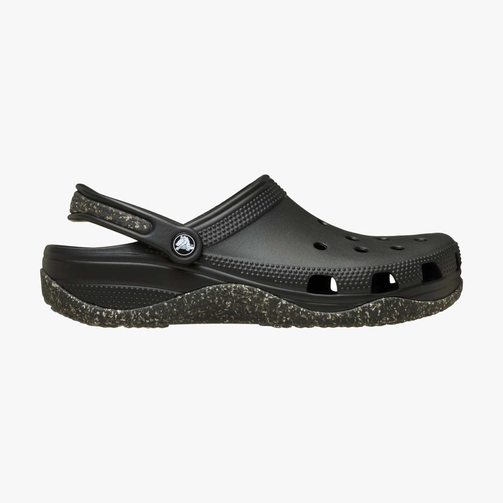 Black Crocs clog with speckled black and gray sole and adjustable heel strap.
