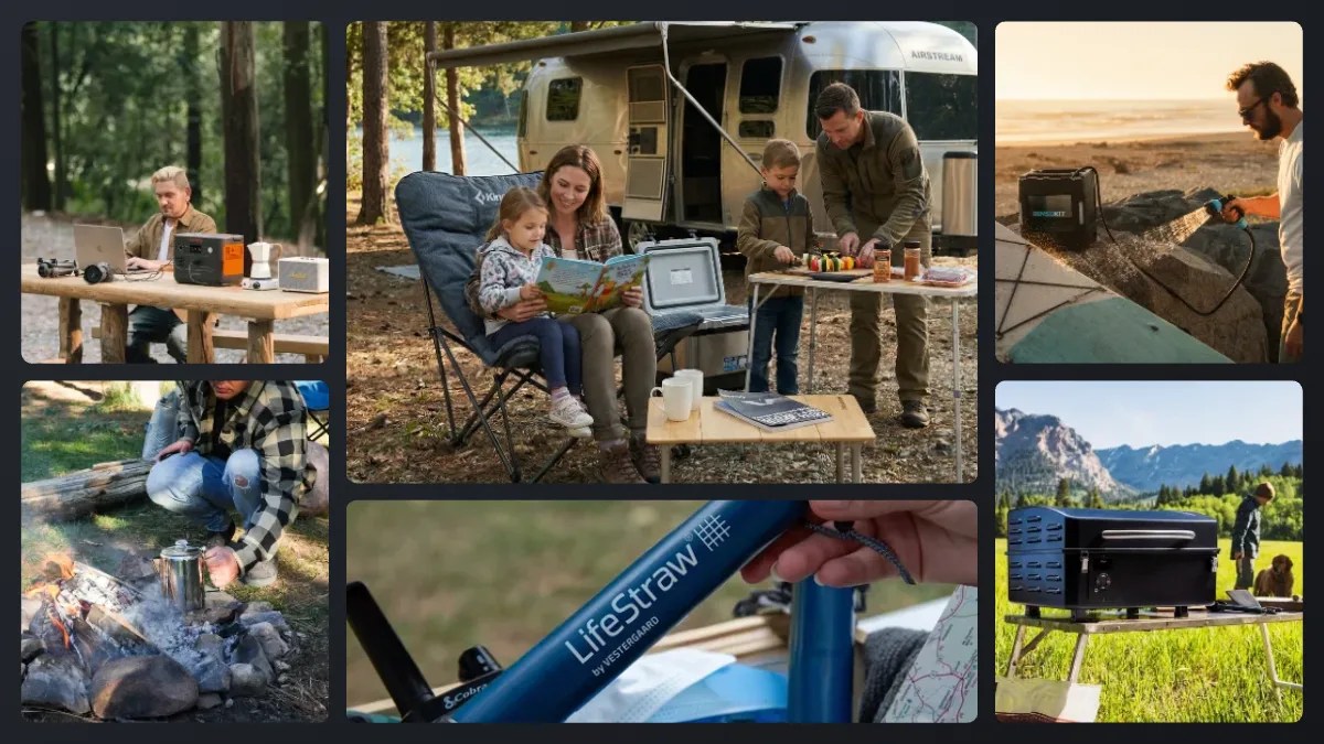 Collage of outdoor camping scenes including a man working at a wooden table with a portable power station, a woman and child reading by an RV, a man and child preparing food on a camping table, a person washing a surfboard with a portable shower, a person boiling water over a campfire, a close-up of a LifeStraw water filter, and a portable black grill on a table in a grassy field.