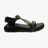 Black and olive green outdoor sandal with adjustable straps and textured sole.