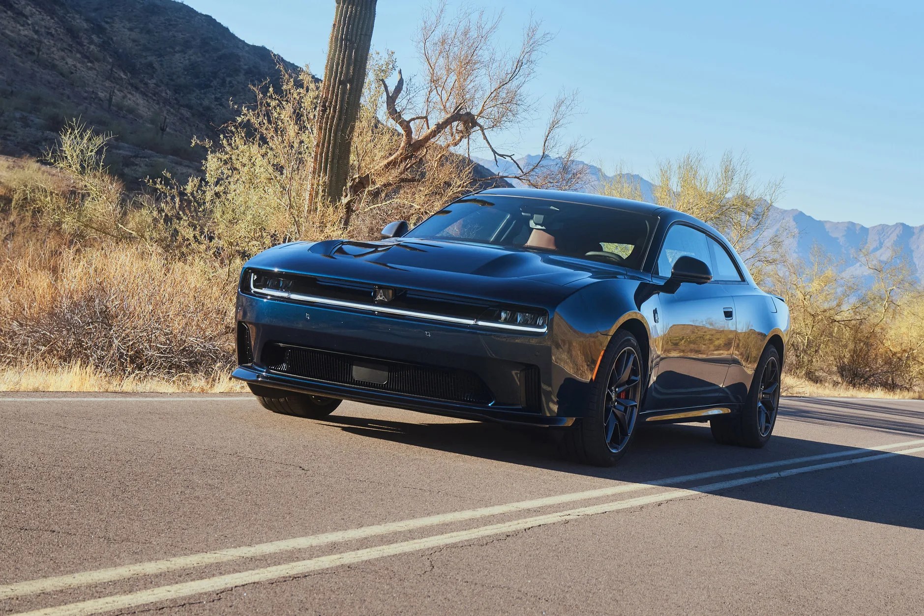 Glossy black modern coupe car parked on a desert road with mountains and cacti in the background.