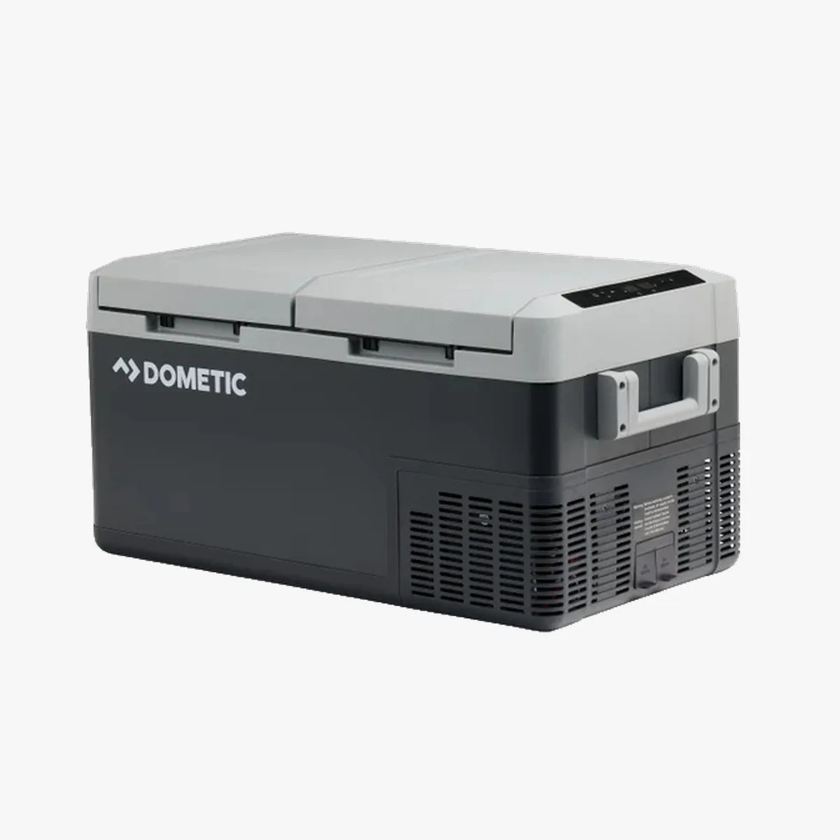 Rectangular black and gray Dometic portable cooler with dual lids and side handle.
