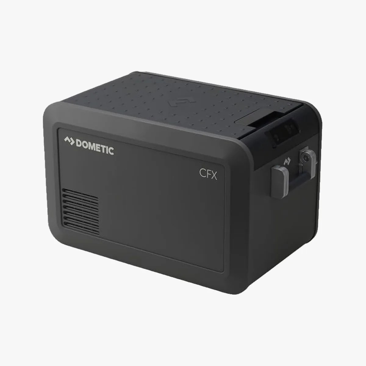Black rectangular Dometic CFX portable cooler with a vent and handle on the side.