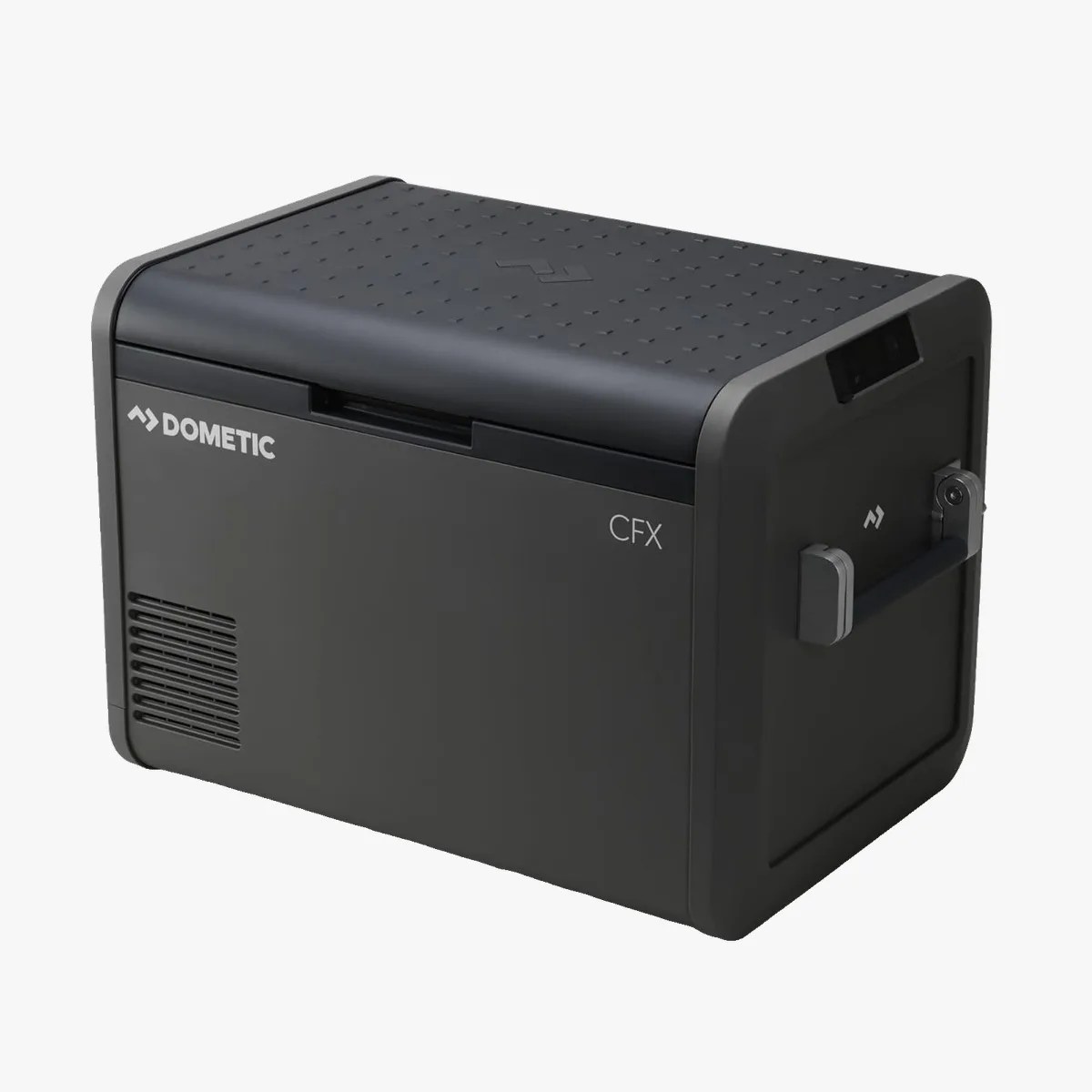 Dark gray Dometic CFX portable refrigerator with a black textured lid and side handle.
