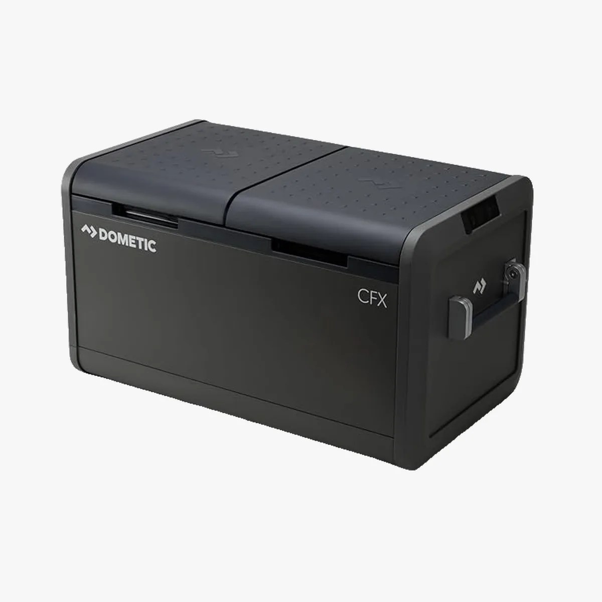 Black rectangular Dometic CFX portable cooler with dual lids and side handle.