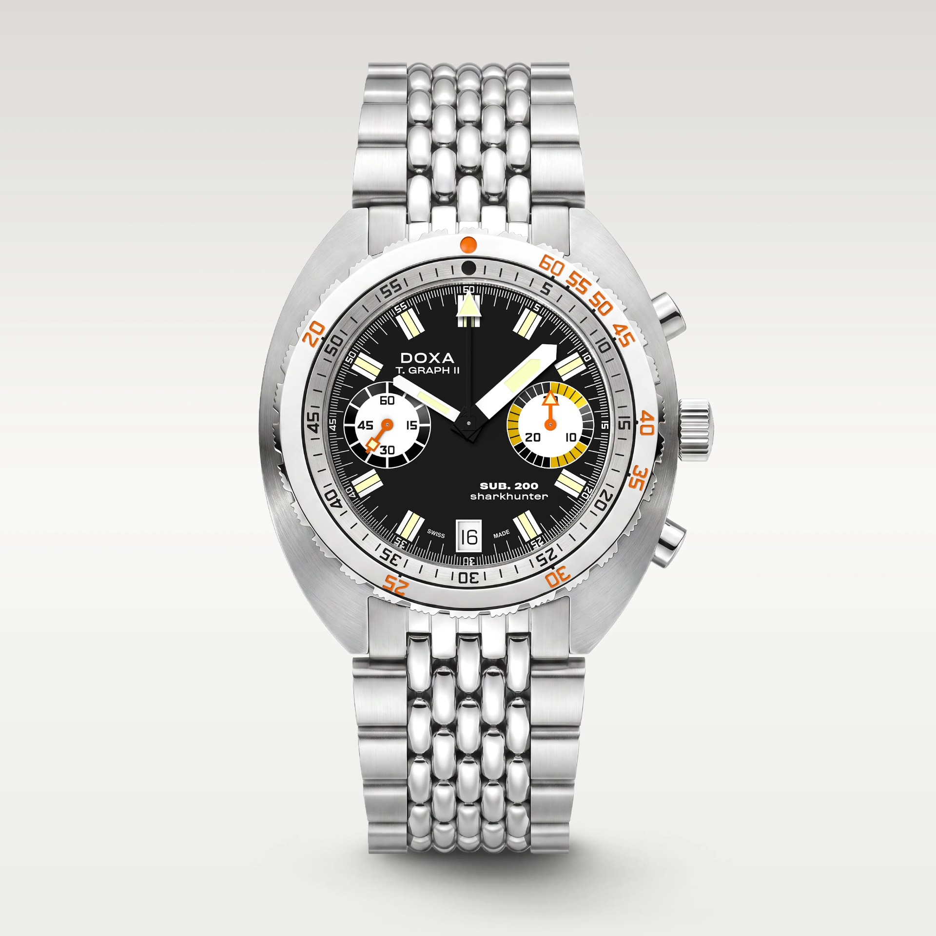 Stainless steel wristwatch with black dial, white and orange chronograph subdials, and a metal link bracelet.