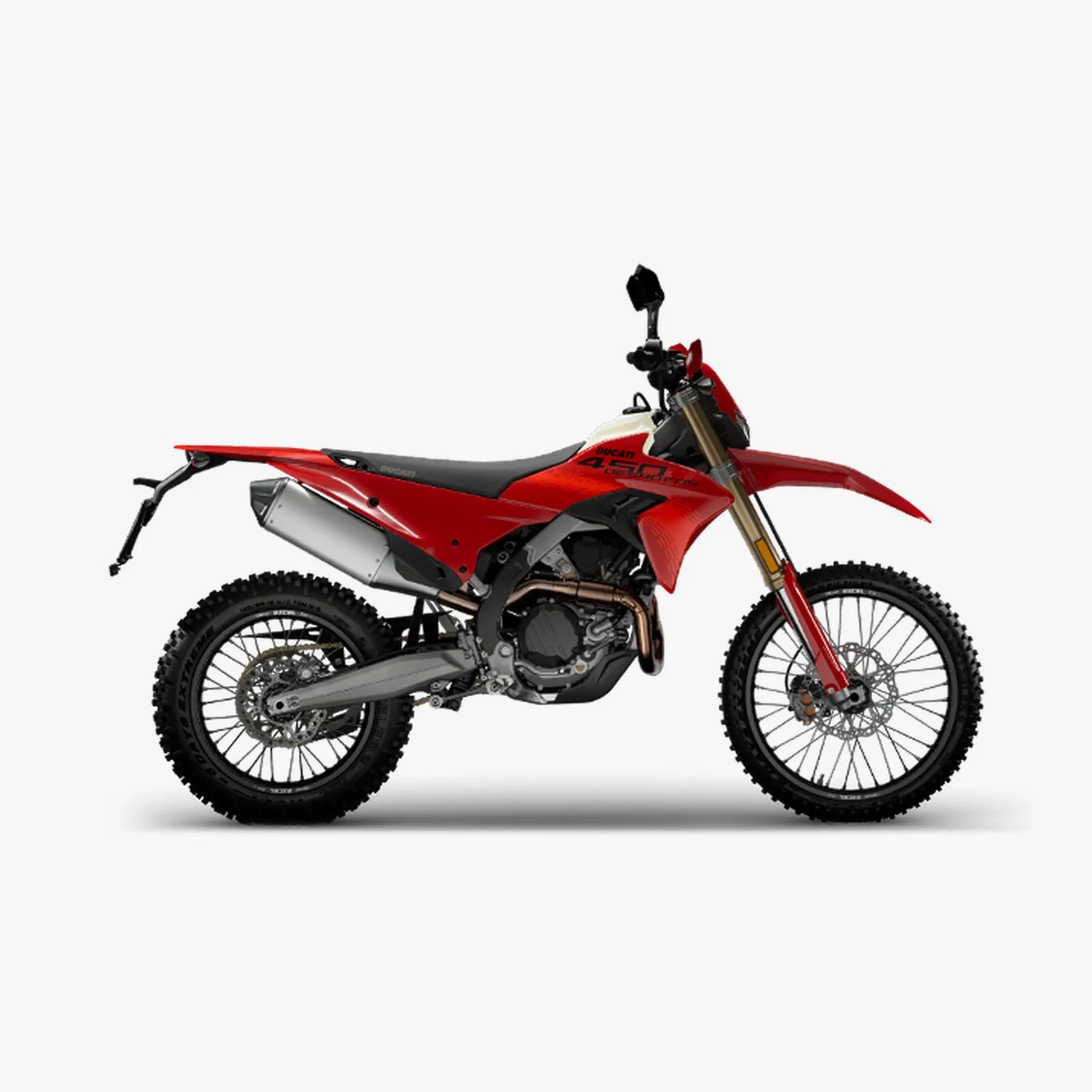 Red and white Ducati 450 off-road motorcycle with knobby tires and black seat on a white background.
