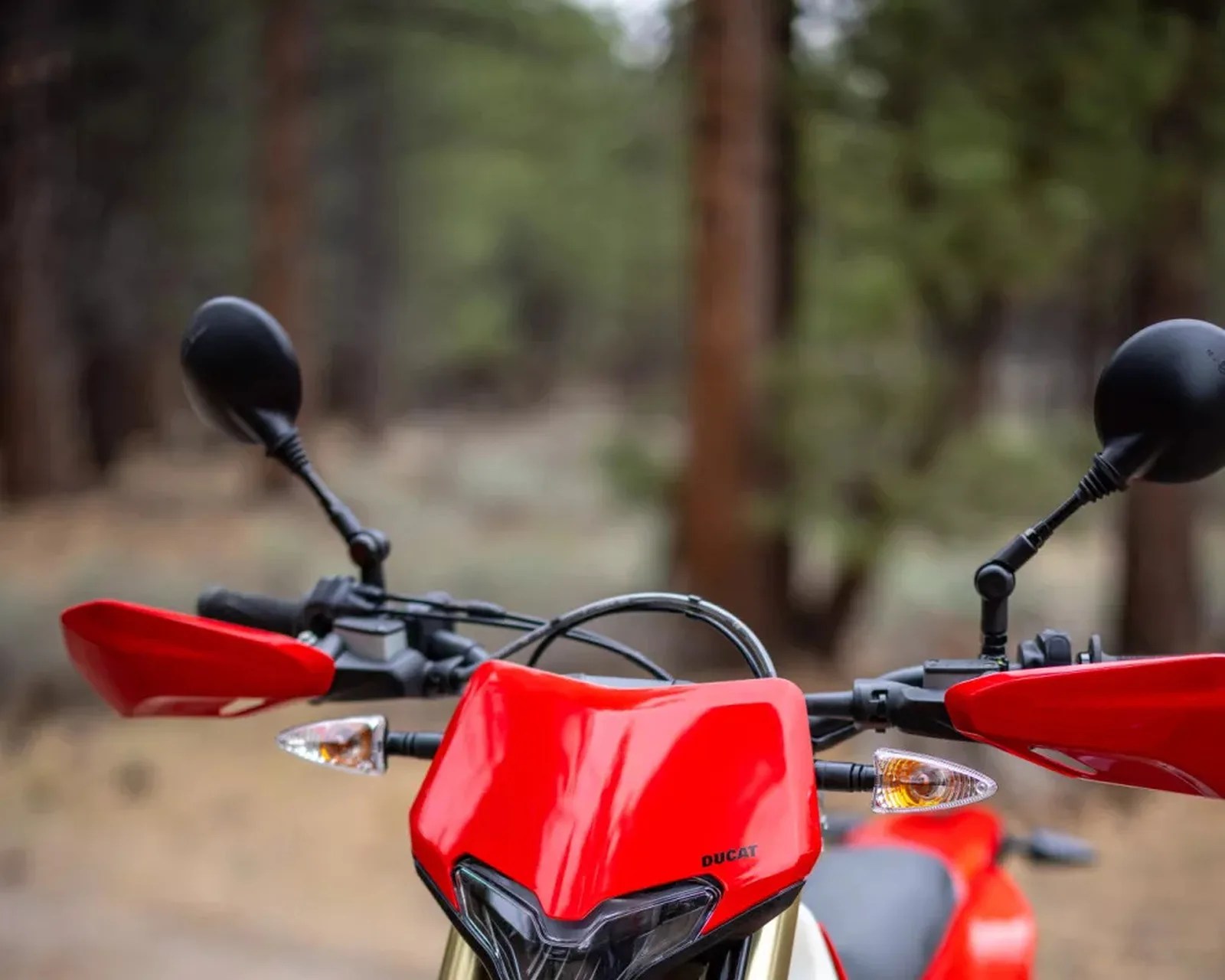 Red Ducati motorcycle front with black mirrors and turn signals in an outdoor forest setting.