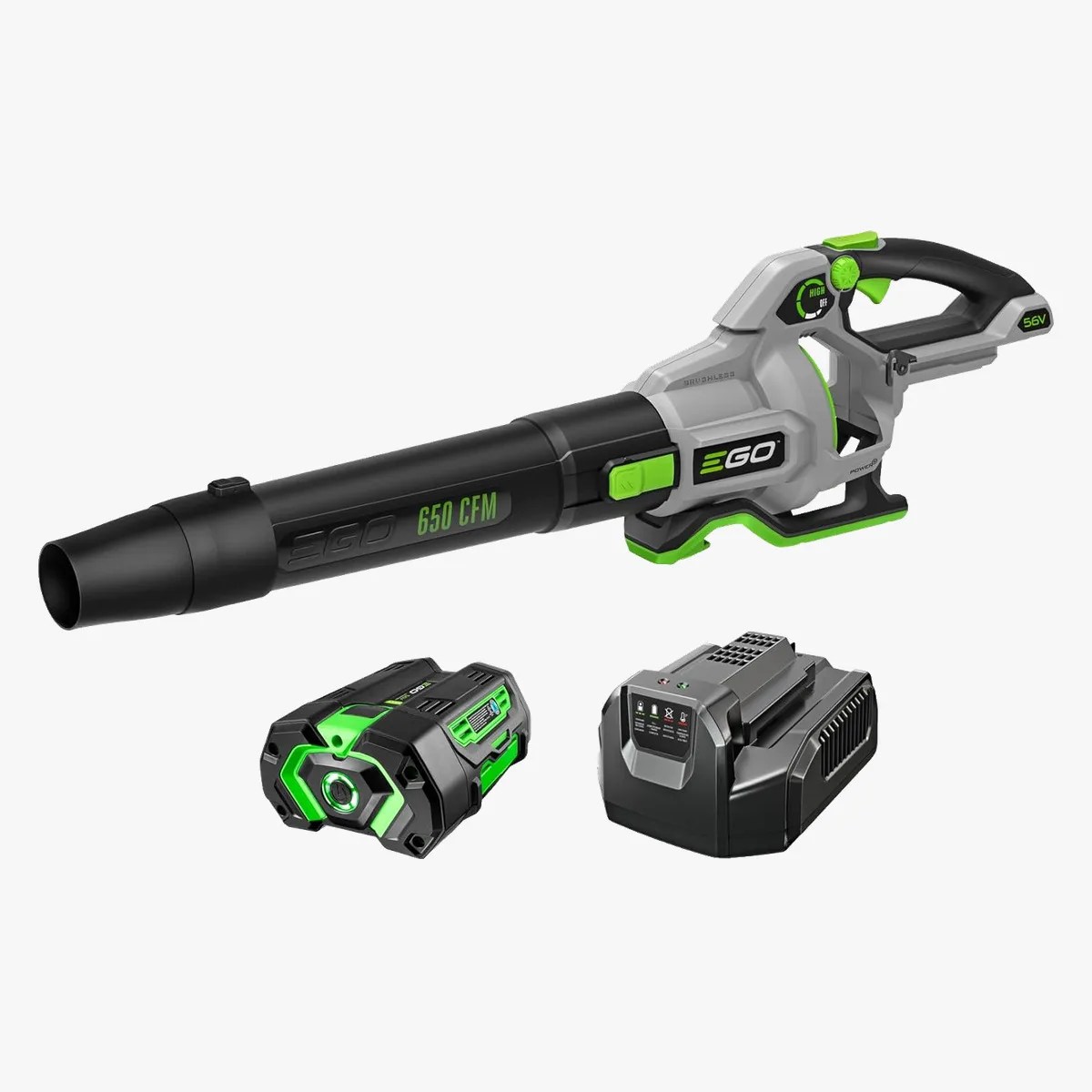 Cordless leaf blower in gray and black with green accents, accompanied by a battery and charger.