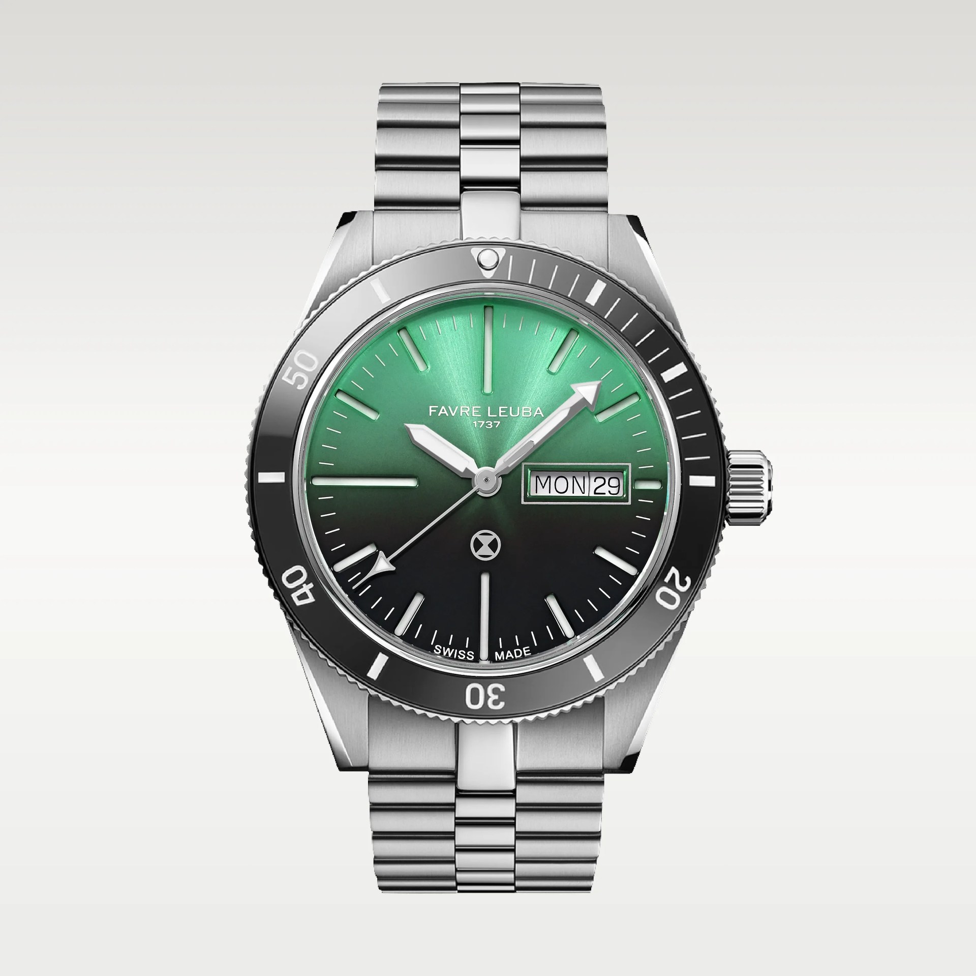 Stainless steel wristwatch with gradient green to black dial, day-date window, and rotating bezel.