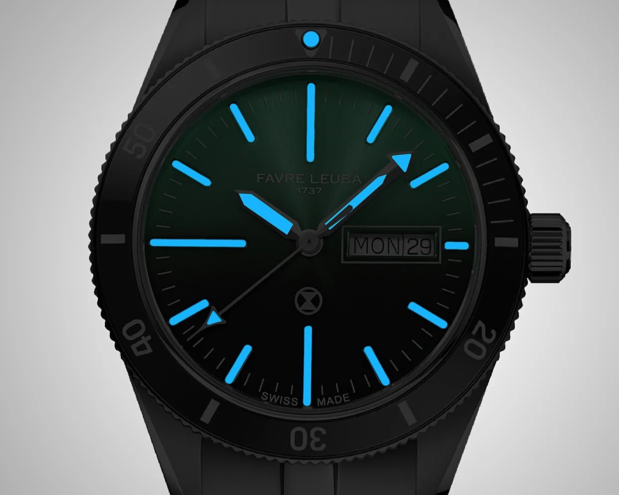 Black Favre Leuba wristwatch with blue luminescent hands and hour markers, day-date display, and rotating bezel.