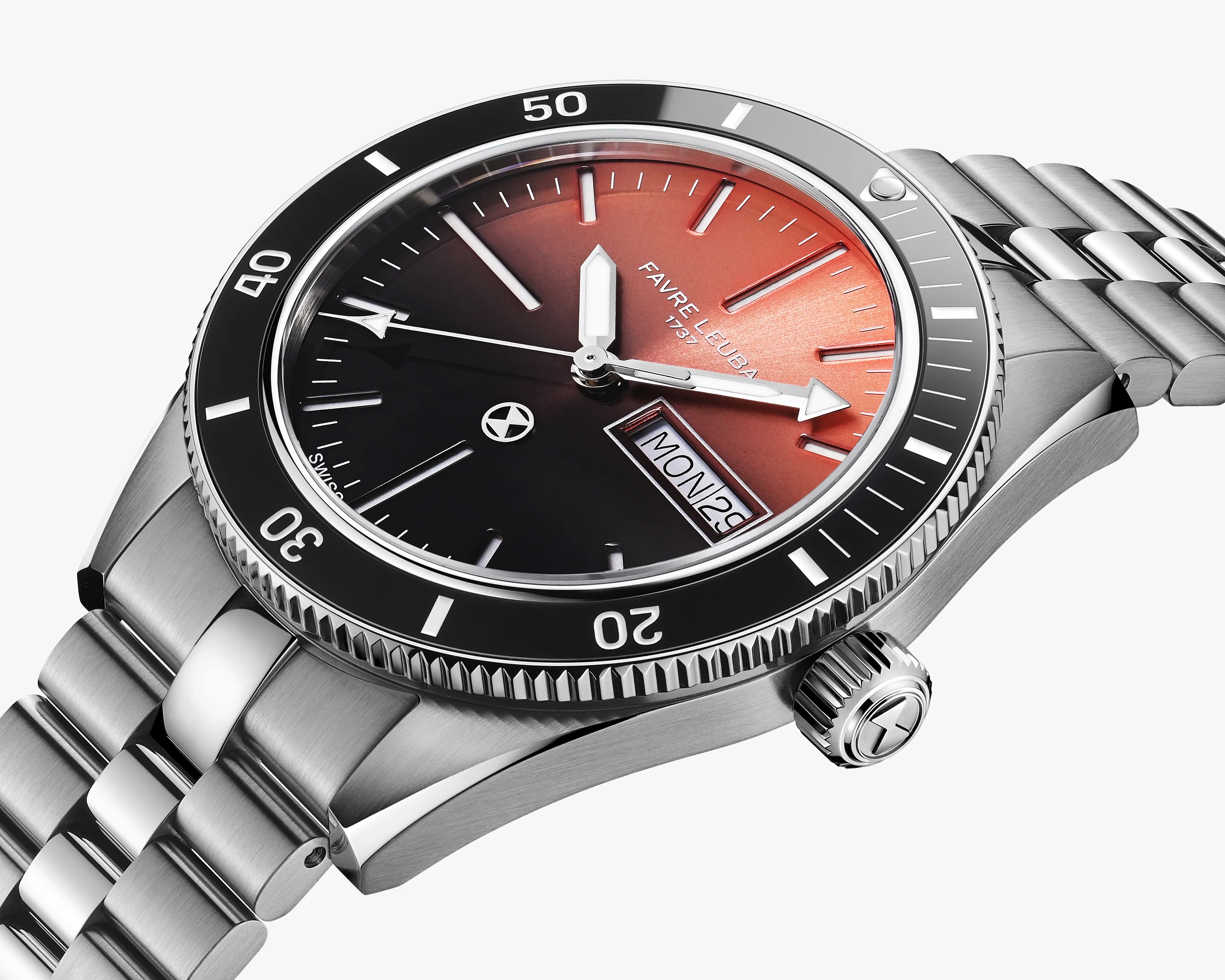 Stainless steel wristwatch with gradient black to orange dial, black bezel, and day-date display.