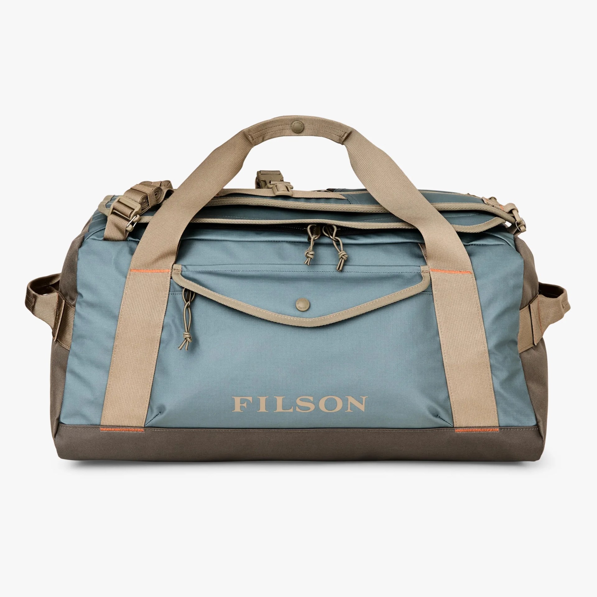 Blue and brown Filson duffel bag with beige straps and zipper pulls.