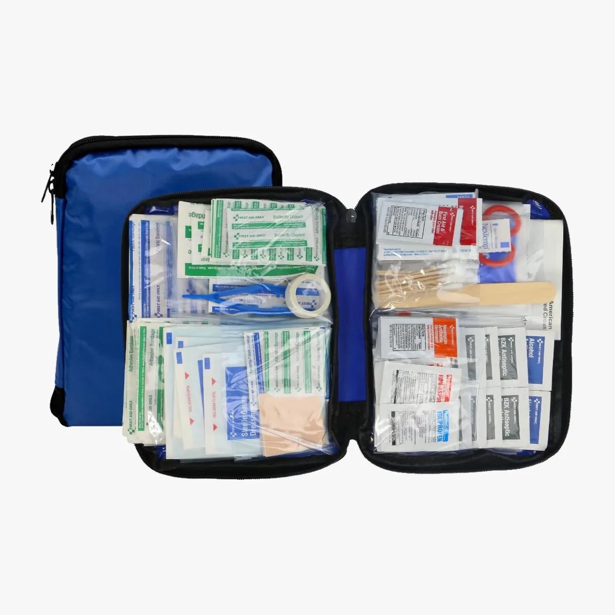 Blue zippered first aid kit pouch opened to show various medical supplies inside clear plastic compartments.