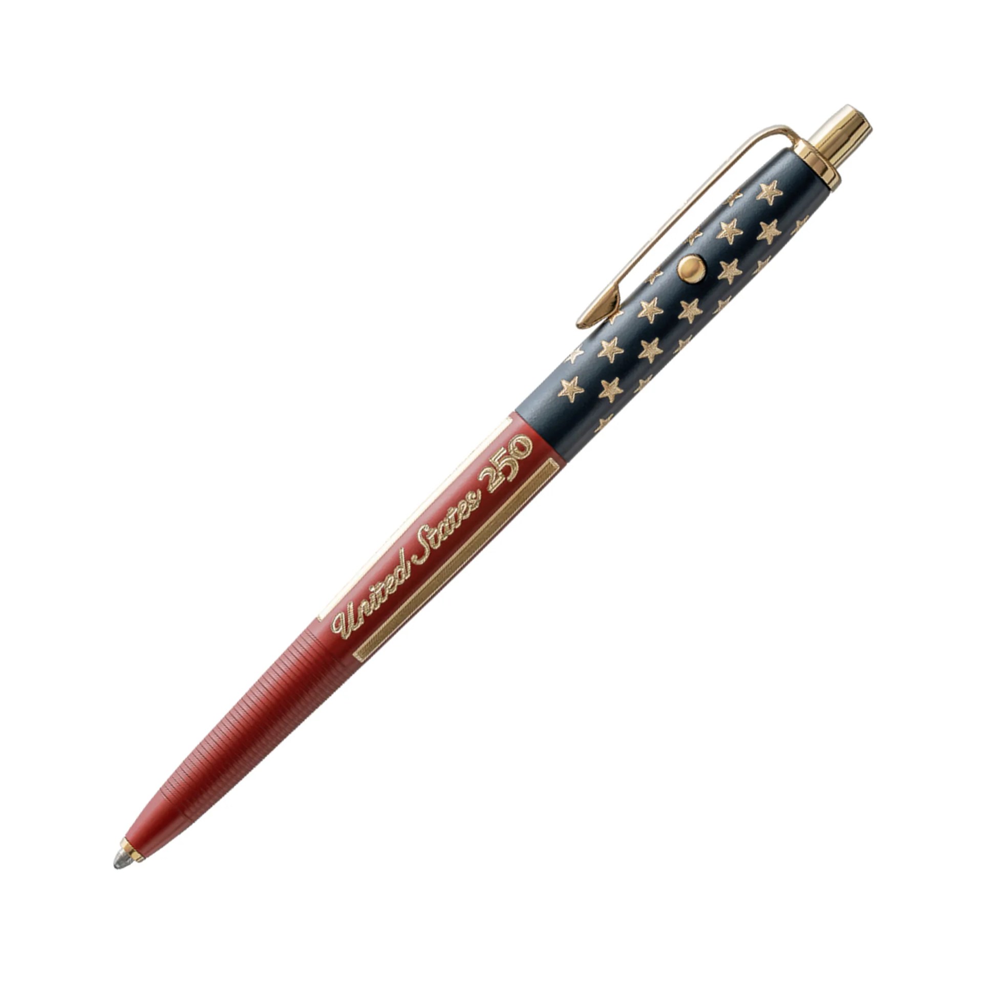 Red and navy blue ballpoint pen with gold stars and clip, featuring "United States 250" text in gold.