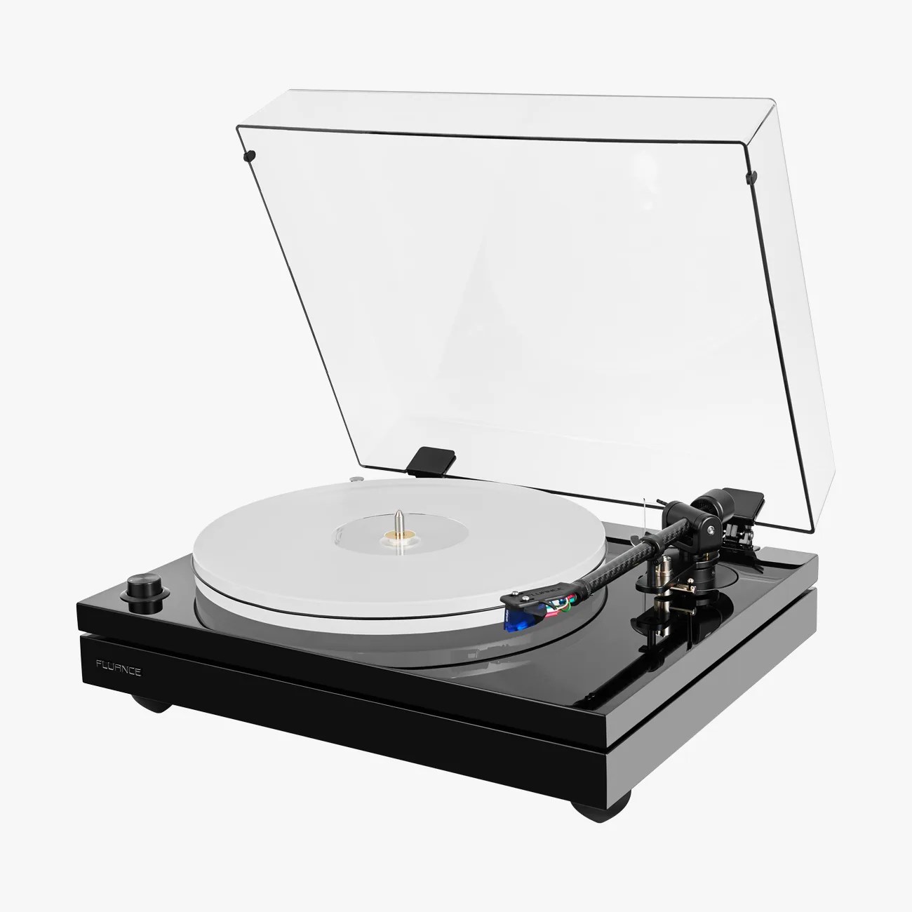 Glossy black Fluance turntable with clear dust cover open and white vinyl record on platter.