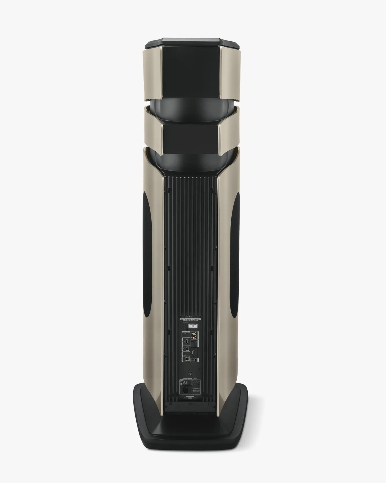 Tall, cylindrical high-end speaker with beige side panels, black central panel, and multiple input ports on the back.