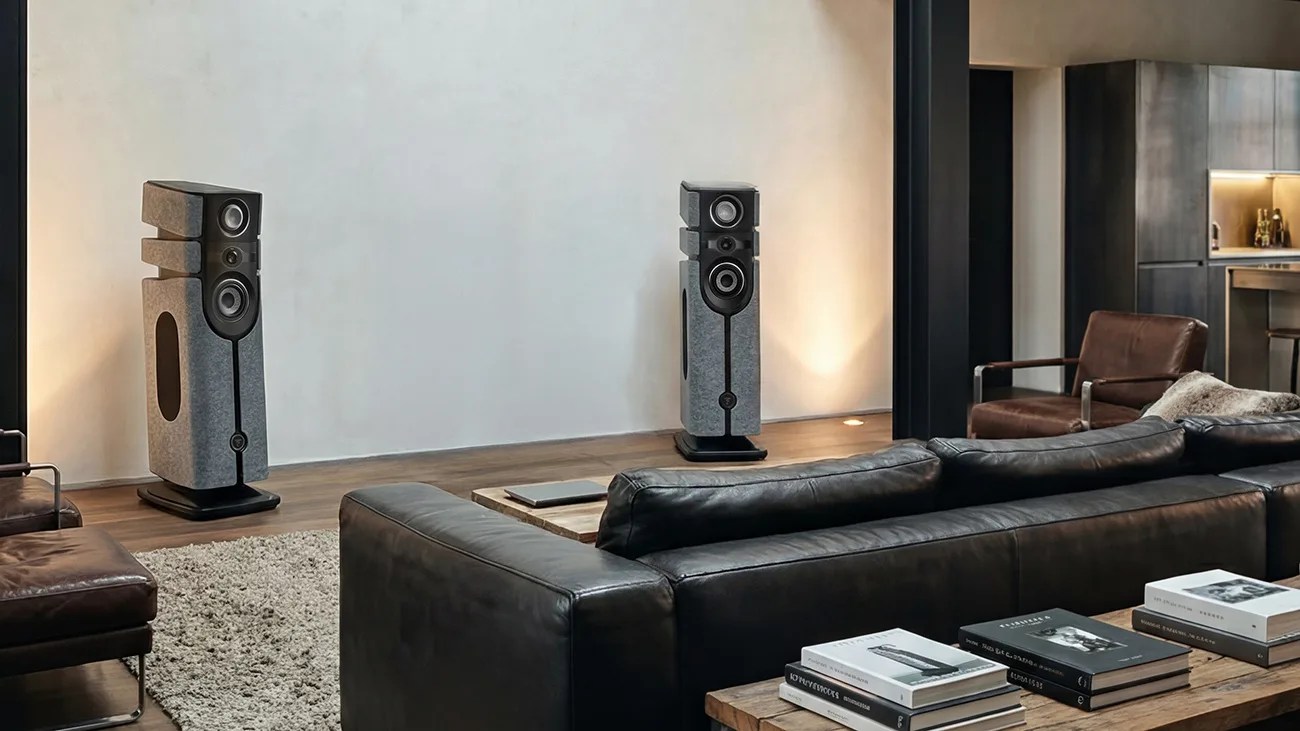Pair of large gray floor-standing speakers with black accents in a modern living room with leather sofas and wooden furniture.