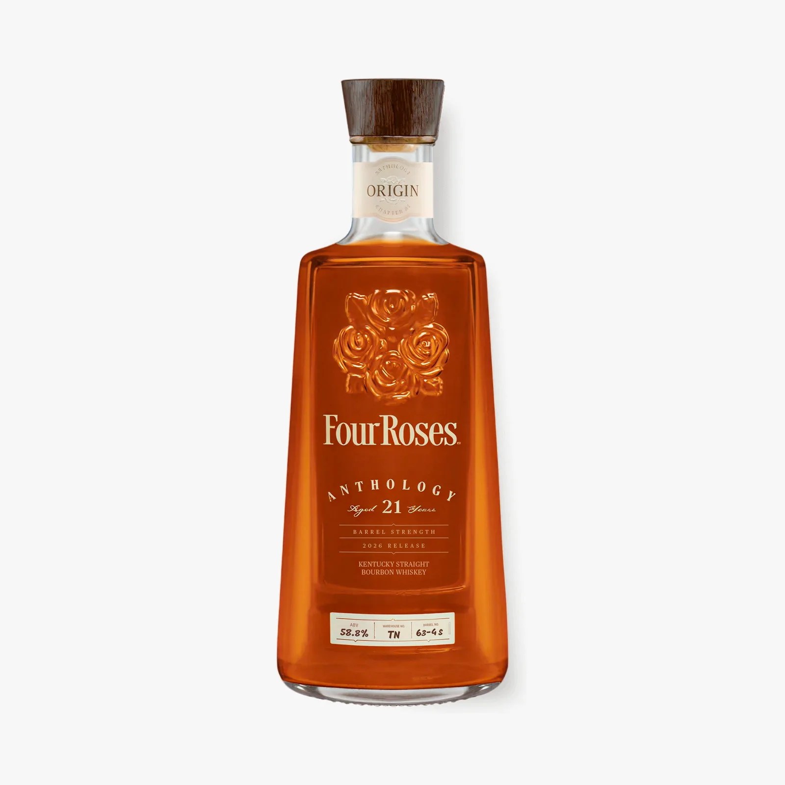 Tall rectangular bottle of Four Roses Anthology 21-year Kentucky Straight Bourbon Whiskey with a wooden cap.