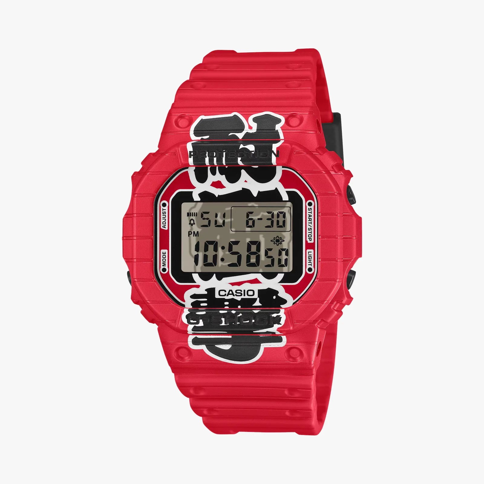 Red Casio G-Shock digital watch with black and white graphic design on the face and strap.