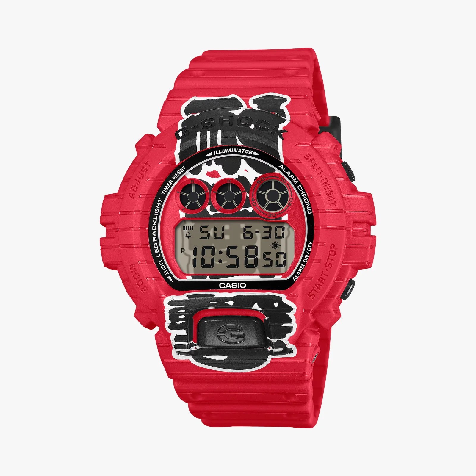Red Casio G-Shock digital watch with black and white graphic design on the band and face.