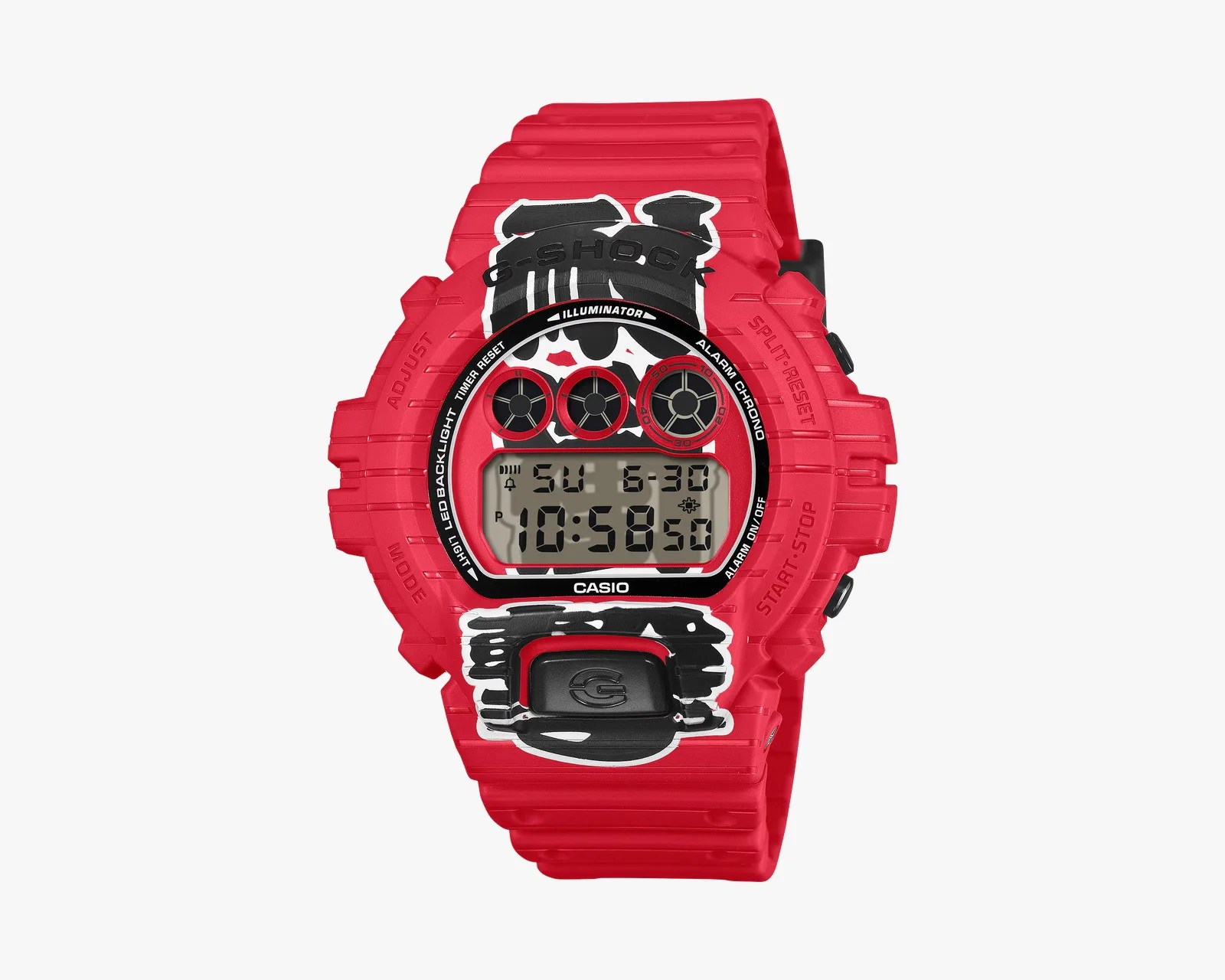 Red Casio G-Shock digital watch with black and white graphic accents and a ribbed strap.