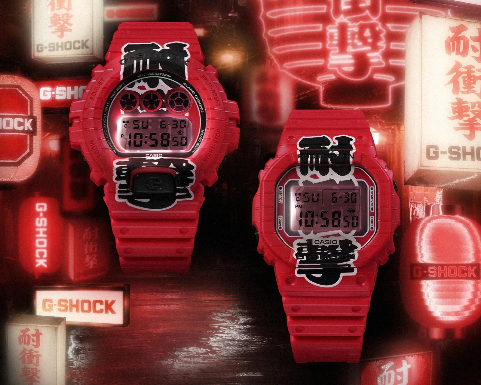 Two red Casio G-Shock digital watches with black and white Japanese characters on the bands, displayed against a red neon-lit background with G-Shock signs.