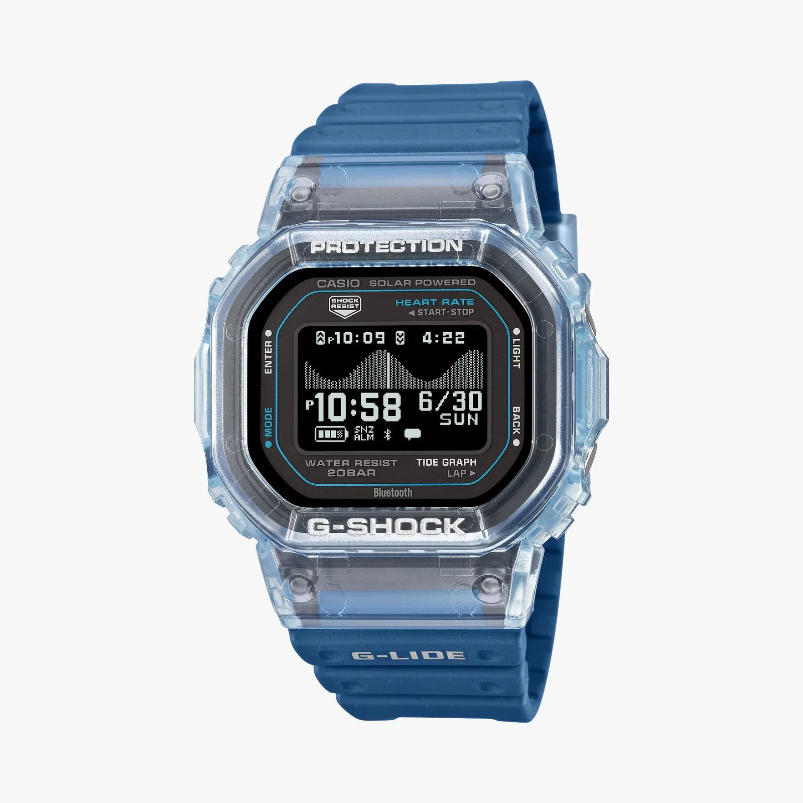 Blue G-Shock G-Lide digital watch with transparent case and black display showing time, date, and tide graph.