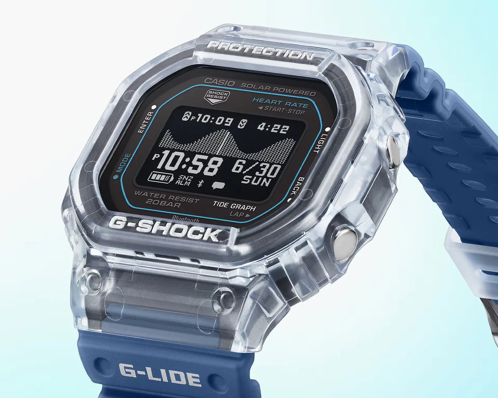 Digital Casio G-Shock watch with transparent case and blue G-Lide strap showing time and heart rate data.