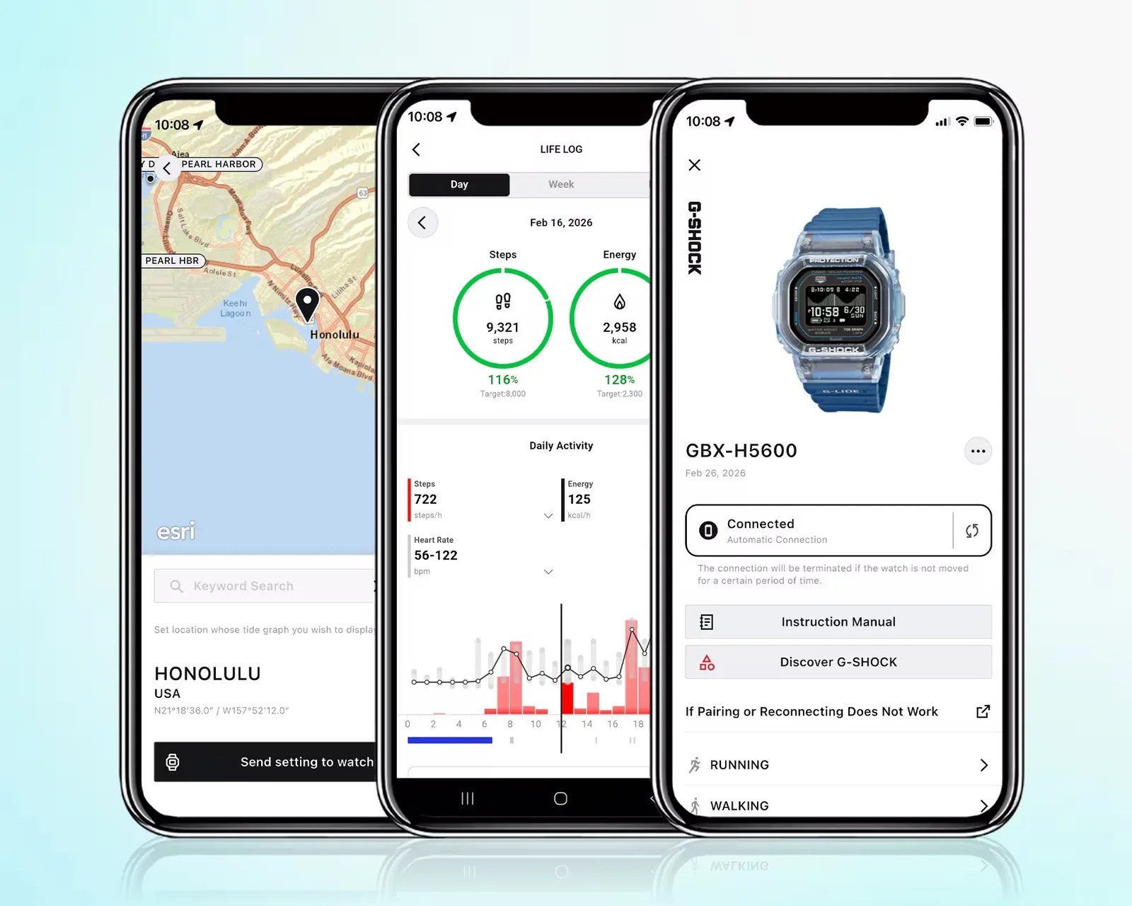 Three smartphones displaying a map of Honolulu, a fitness life log with steps and energy data, and a G-SHOCK GBX-H5600 watch app interface.