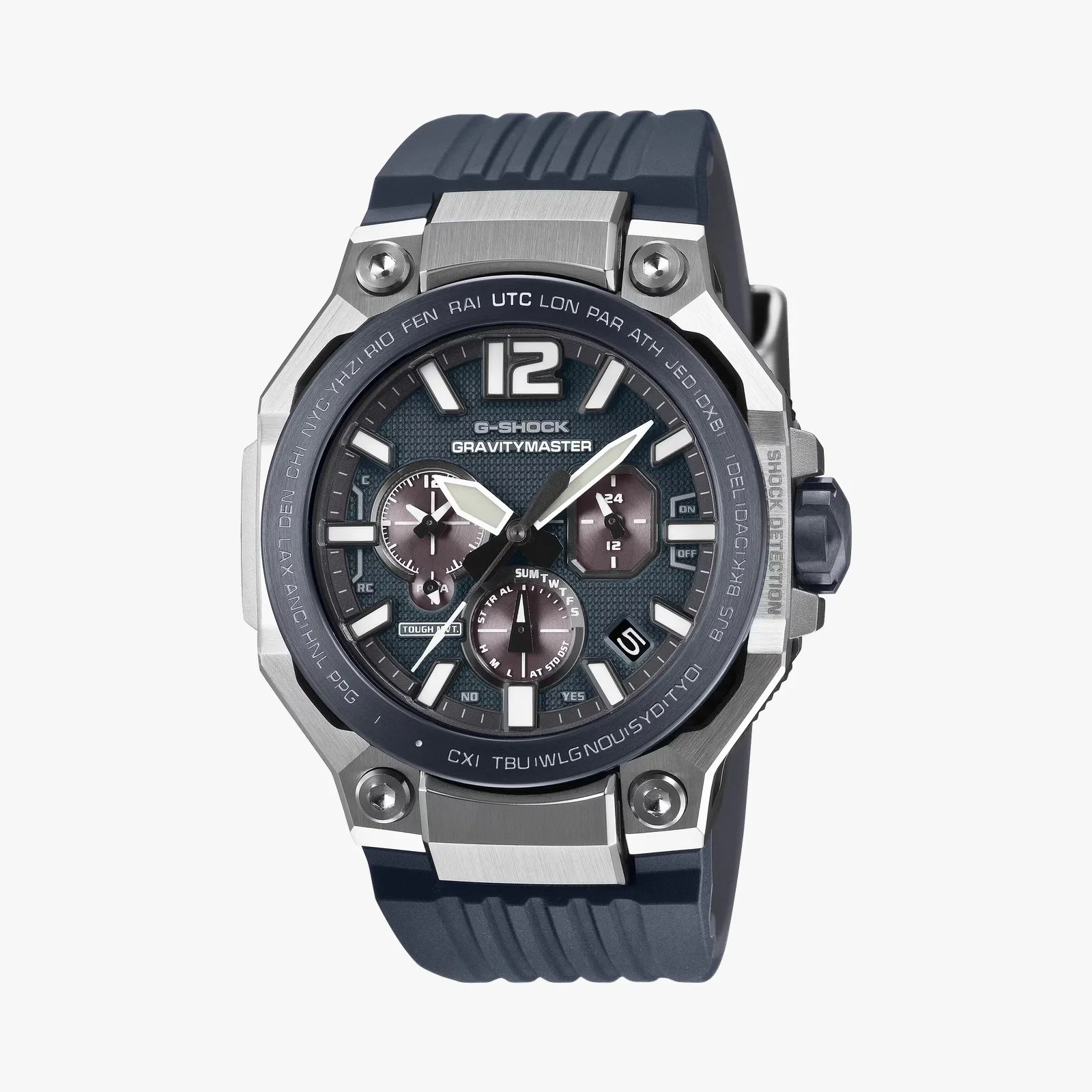 G-Shock Gravitymaster watch with a black textured dial, silver-tone hands, and a dark blue resin strap.