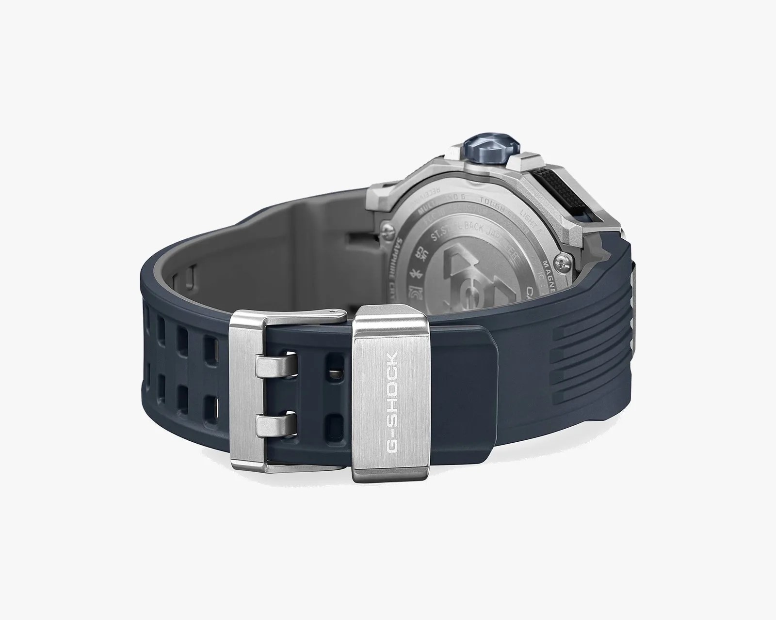 Black G-Shock watch with stainless steel buckle and visible engraved backplate.