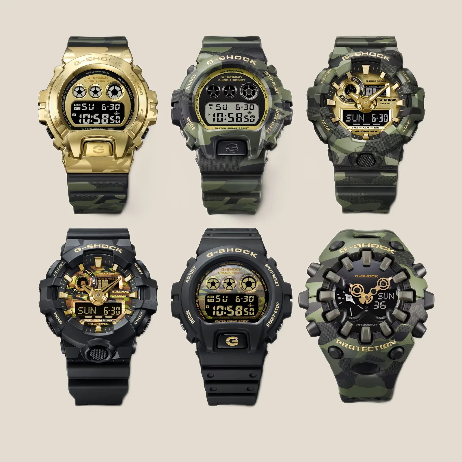 Six G-Shock watches with camouflage bands and gold-accented faces on a beige background.