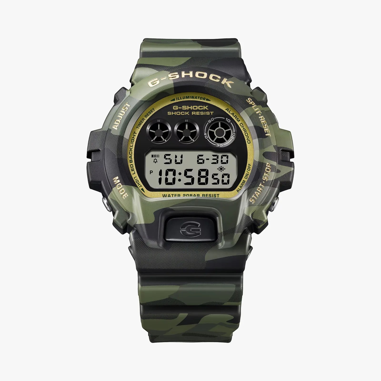 Digital G-Shock watch with green and black camouflage pattern and gold accents on the face.