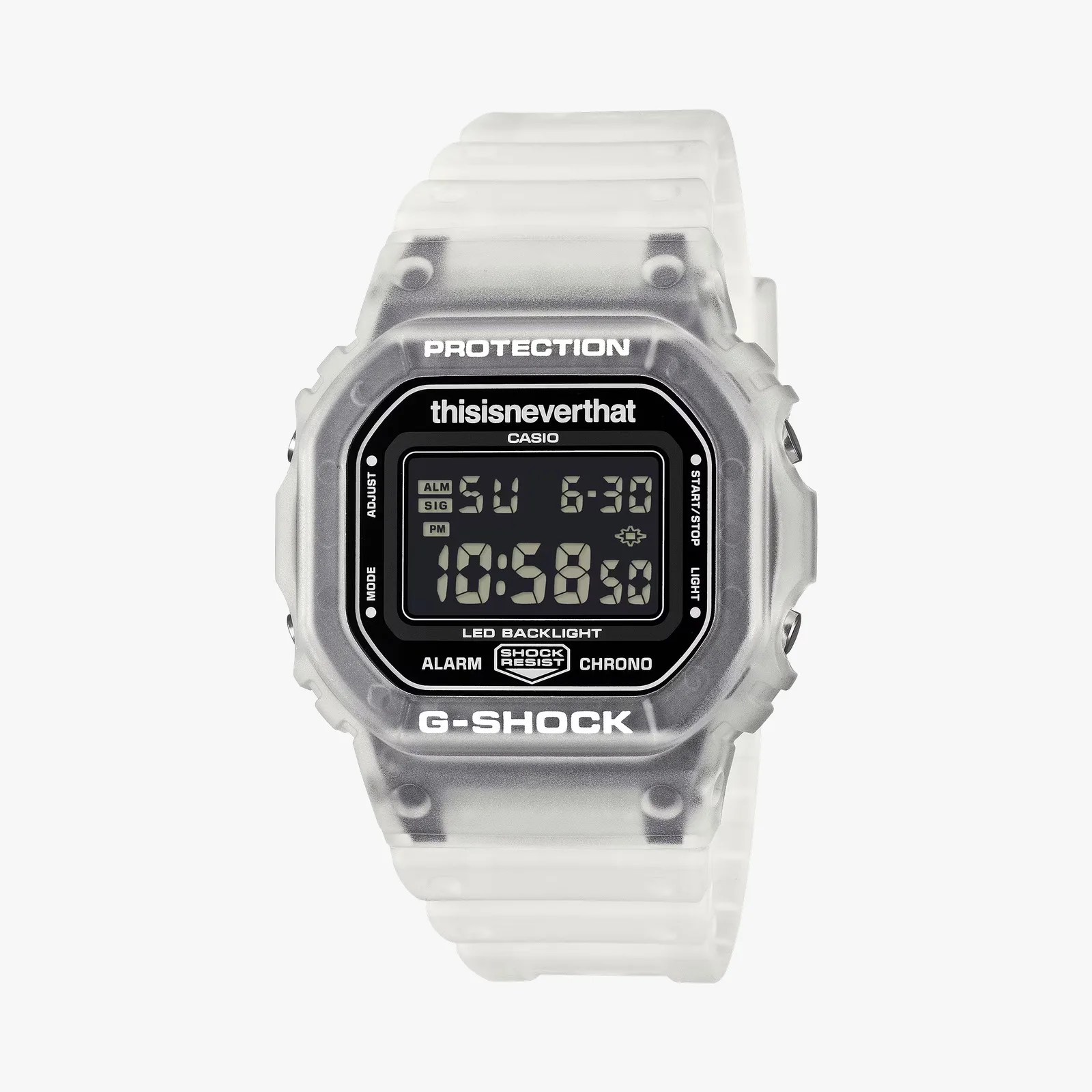 Digital Casio G-Shock watch with translucent frosted case and strap, black display, and "thisisneverthat" branding.