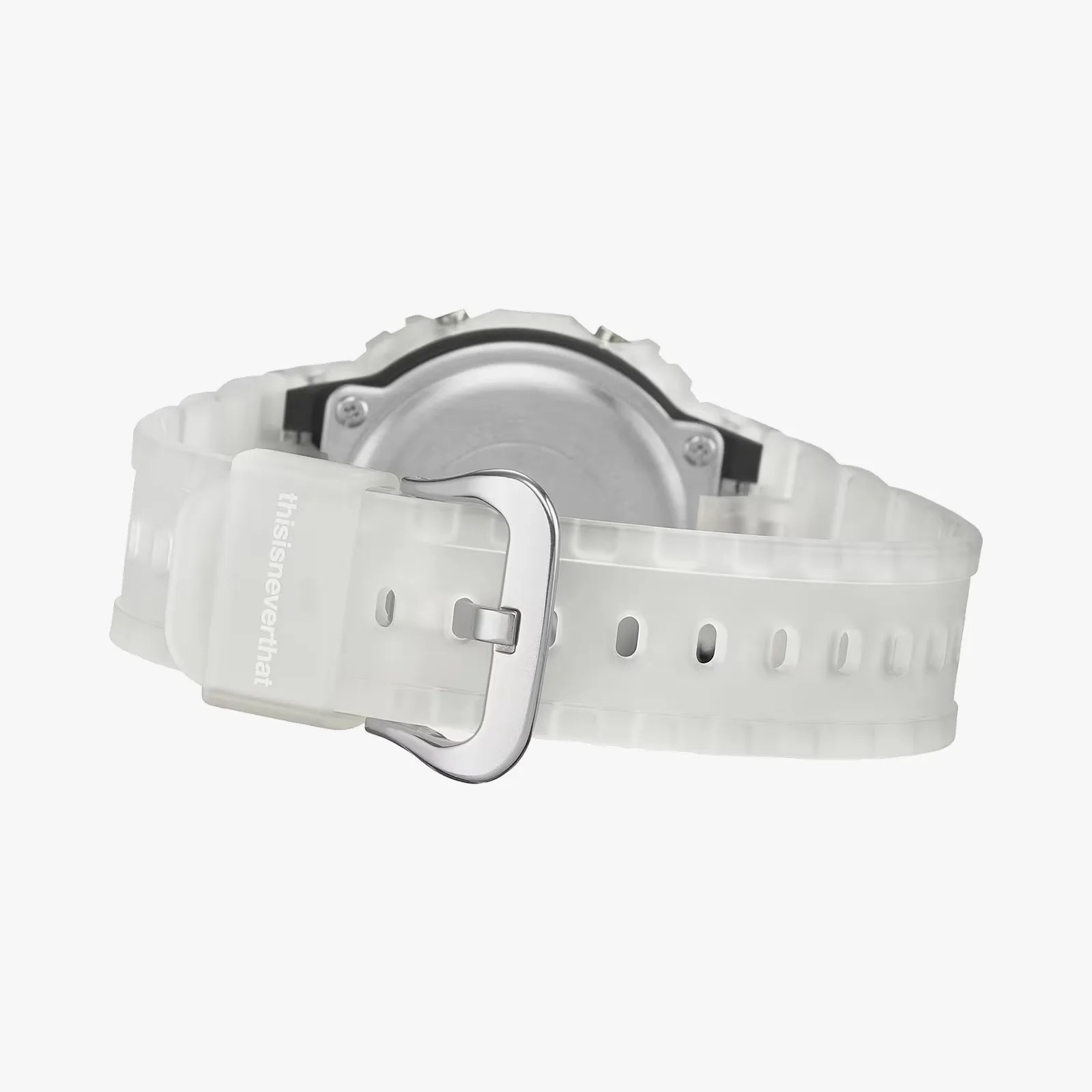 Translucent white watch strap with a silver buckle and "thisisneverthat" text on the strap loop.