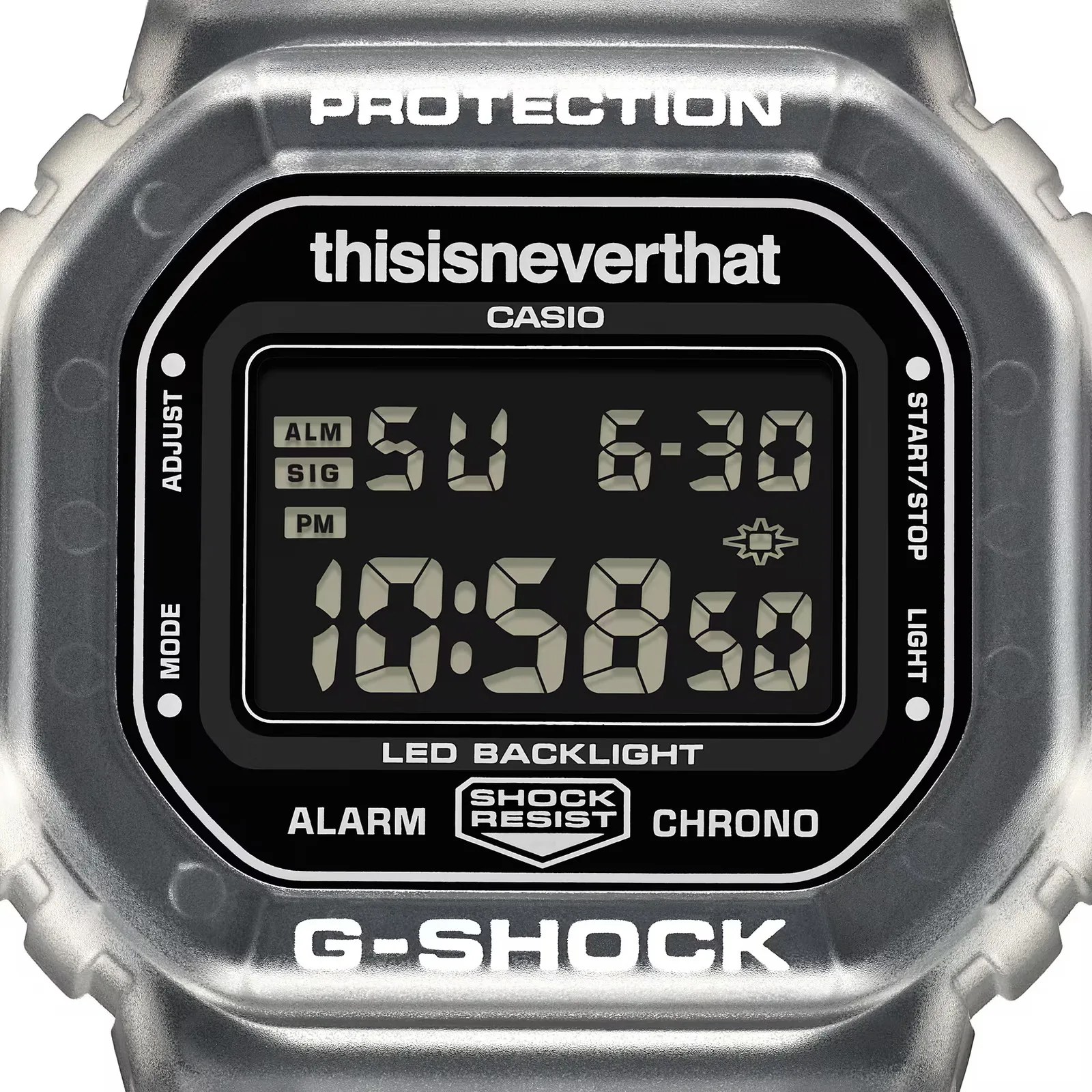 Digital Casio G-Shock watch face with silver bezel and "thisisneverthat" branding on display.
