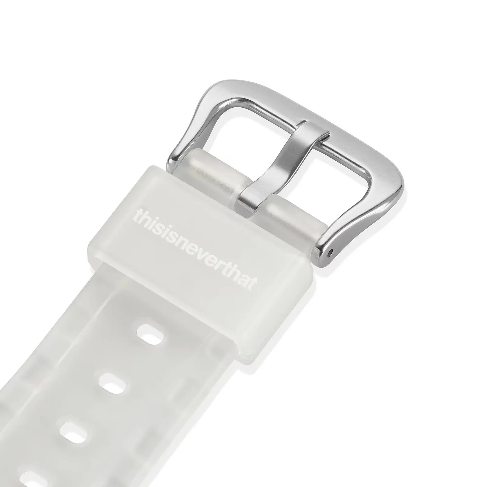 Translucent white watch strap with silver metal buckle and "thisisneverthat" text on the loop.