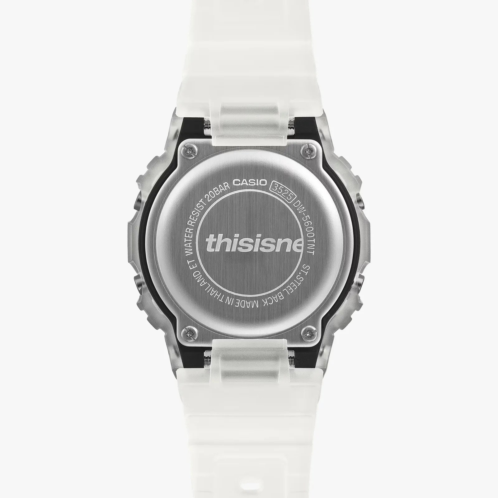 Back of a Casio DW-5600TNT watch with a transparent white strap and stainless steel case back.
